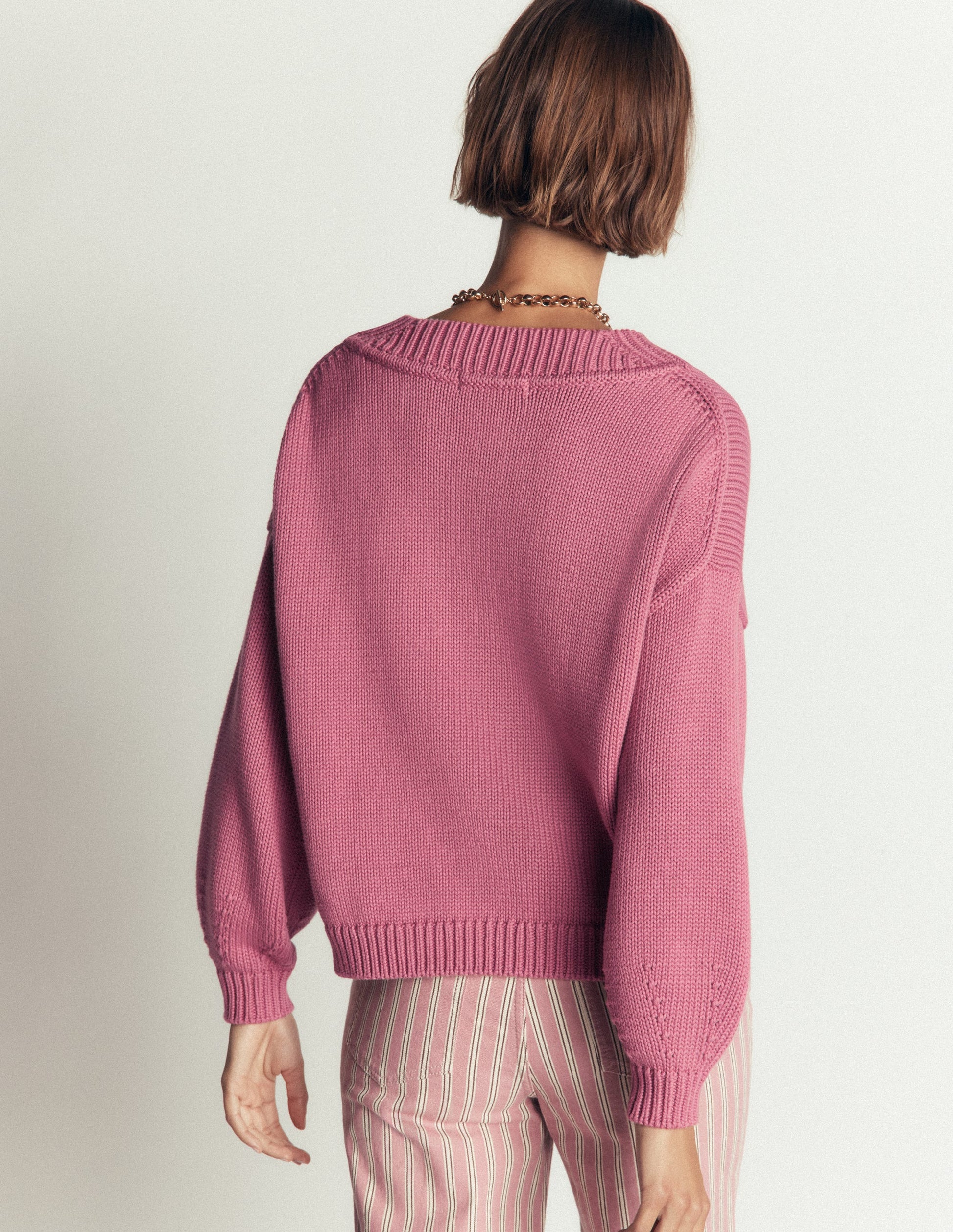 Lucy Cotton V-neck Jumper-Pink Heather-3