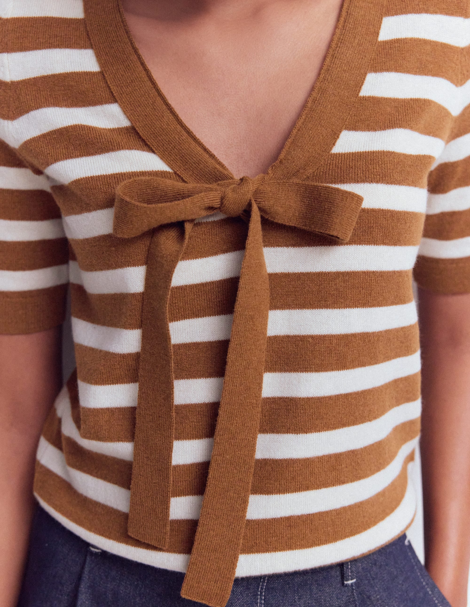 Bow Neck Knitted T-shirt-Gingerbread, Ivory Stripe - Image 2