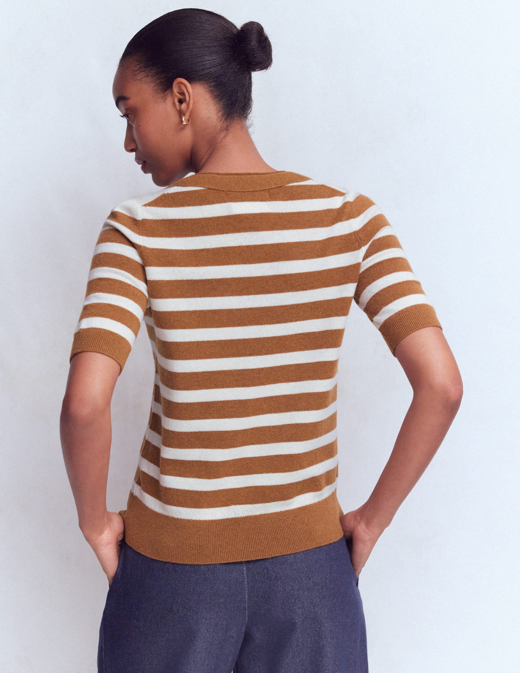Bow Neck Knitted T-shirt-Gingerbread, Ivory Stripe - Image 3