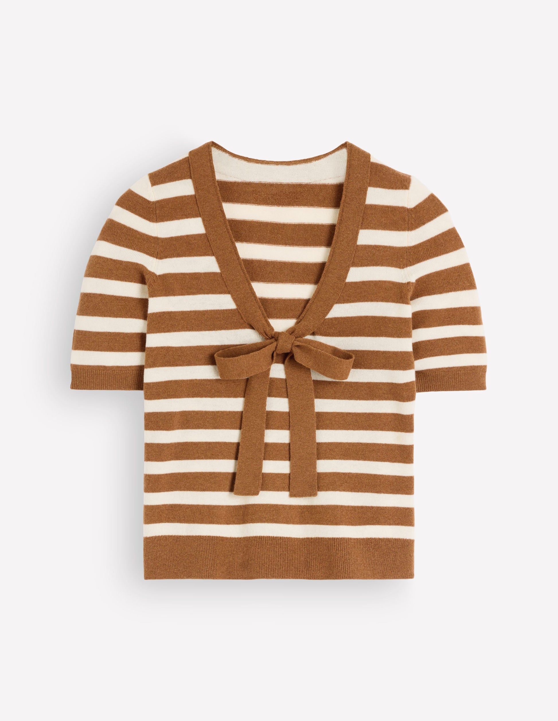 Bow Neck Knitted T-shirt-Gingerbread, Ivory Stripe-6