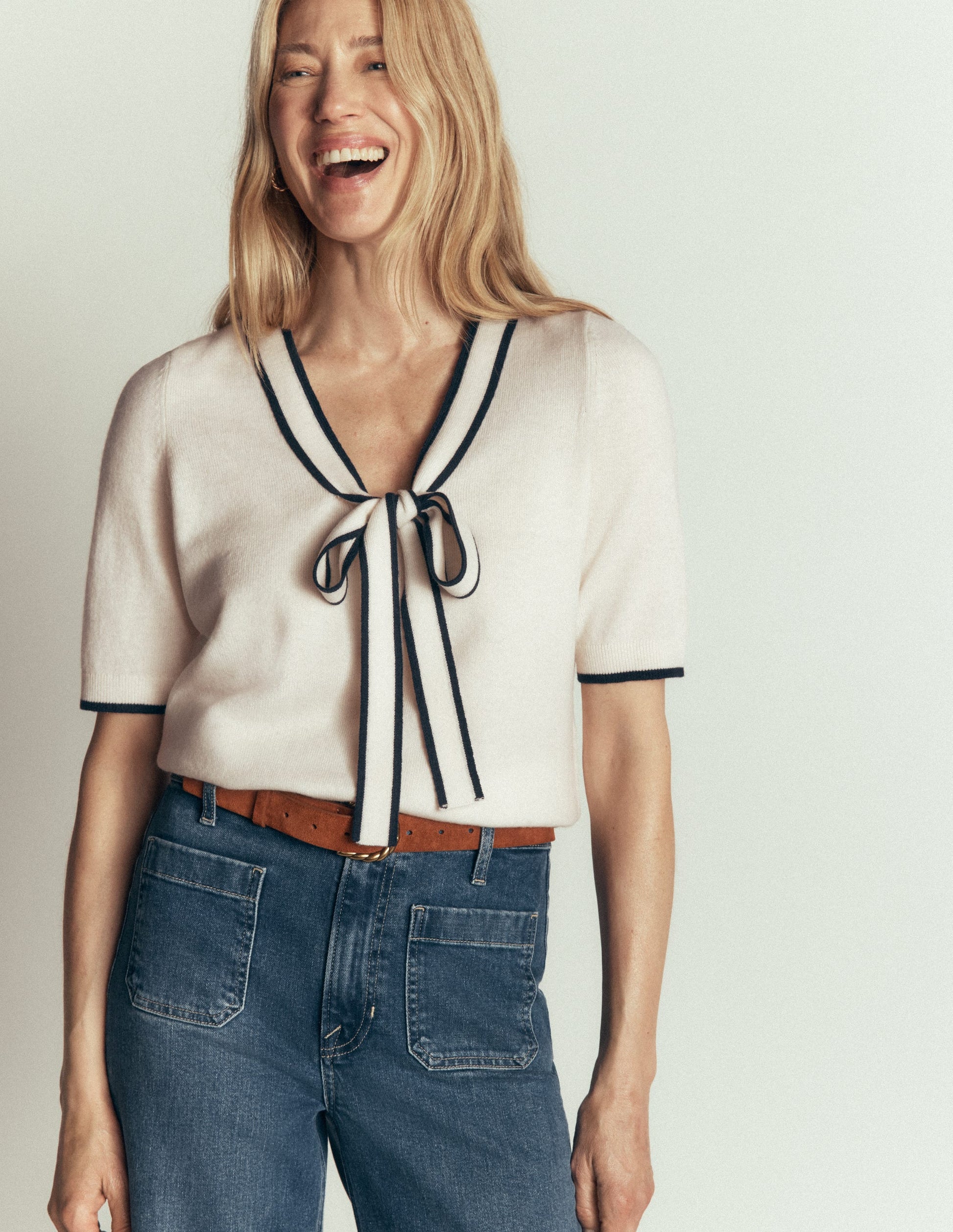 Bow Neck Knitted T-shirt-Ivory-5