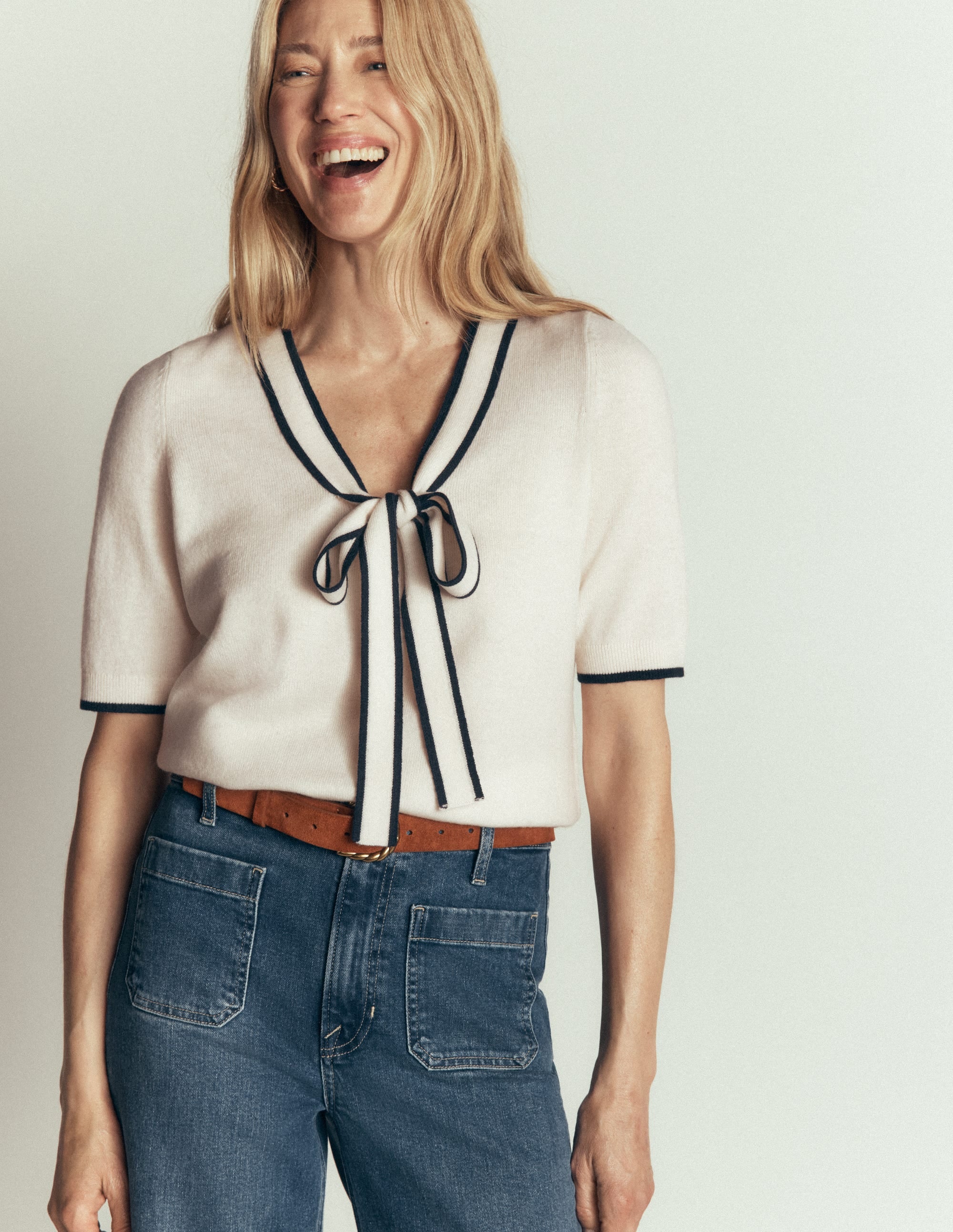 Bow Neck Knitted T-shirt-Ivory - Image 5