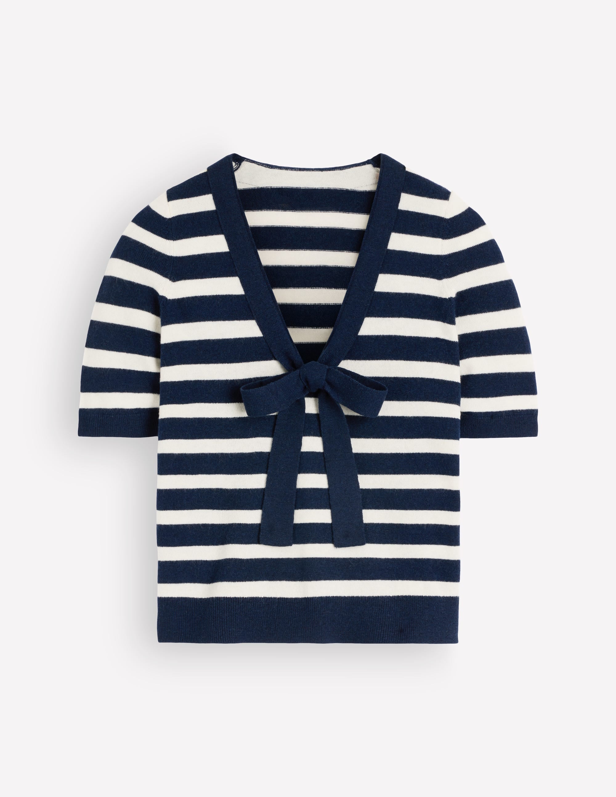 Bow Neck Knitted T-shirt-Navy, Ivory Stripe - Image 8