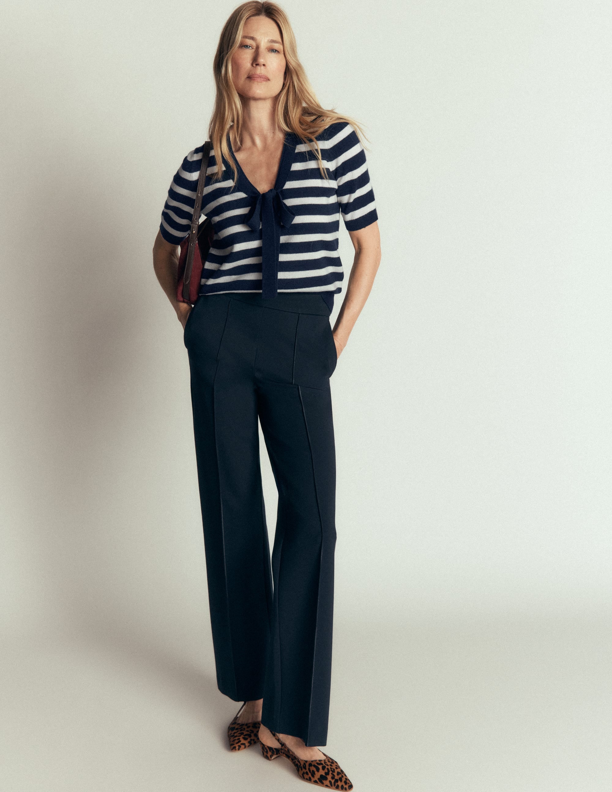 Bow Neck Knitted T-shirt-Navy, Ivory Stripe - Image 1