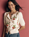 Puff Sleeve Cotton Cardigan-Warm Ivory, Embroidered