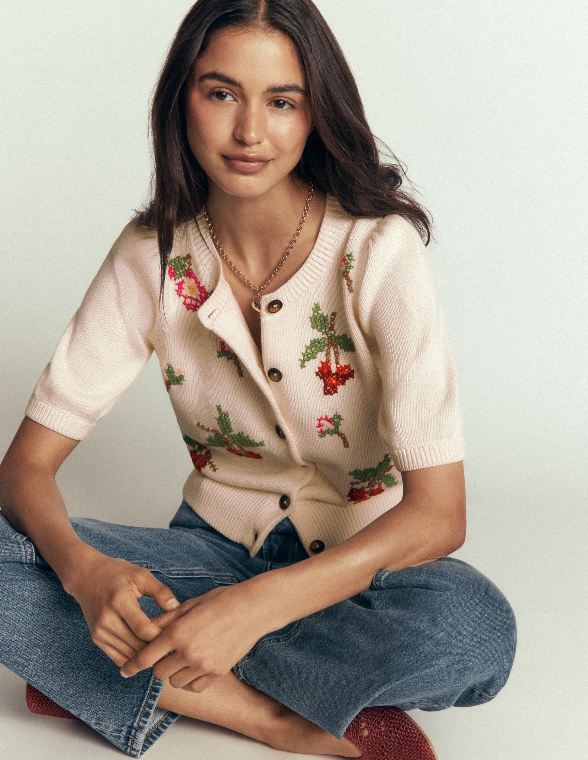 Puff Sleeve Cotton Cardigan-Warm Ivory, Embroidered-4