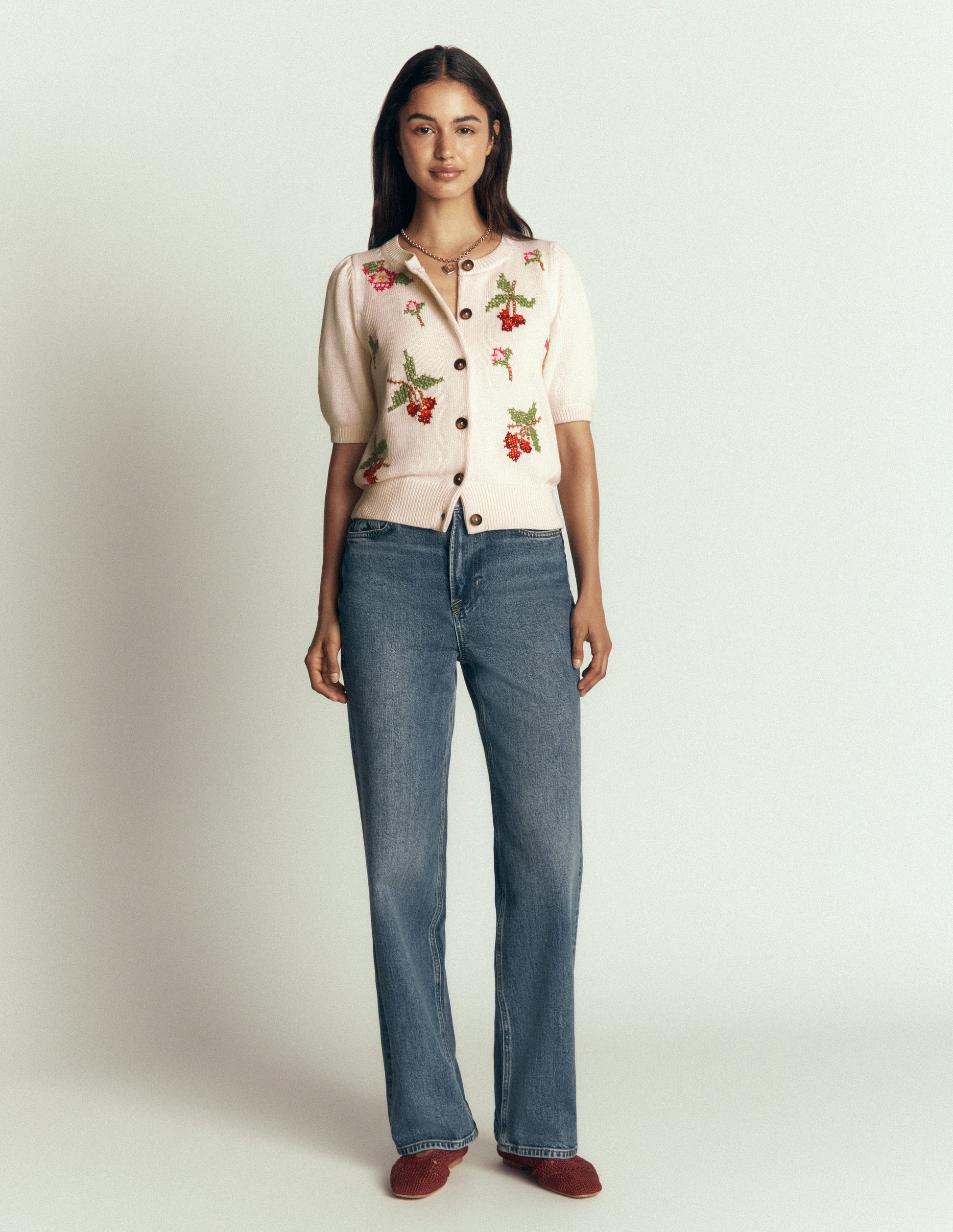 Puff Sleeve Cotton Cardigan-Warm Ivory, Embroidered-6