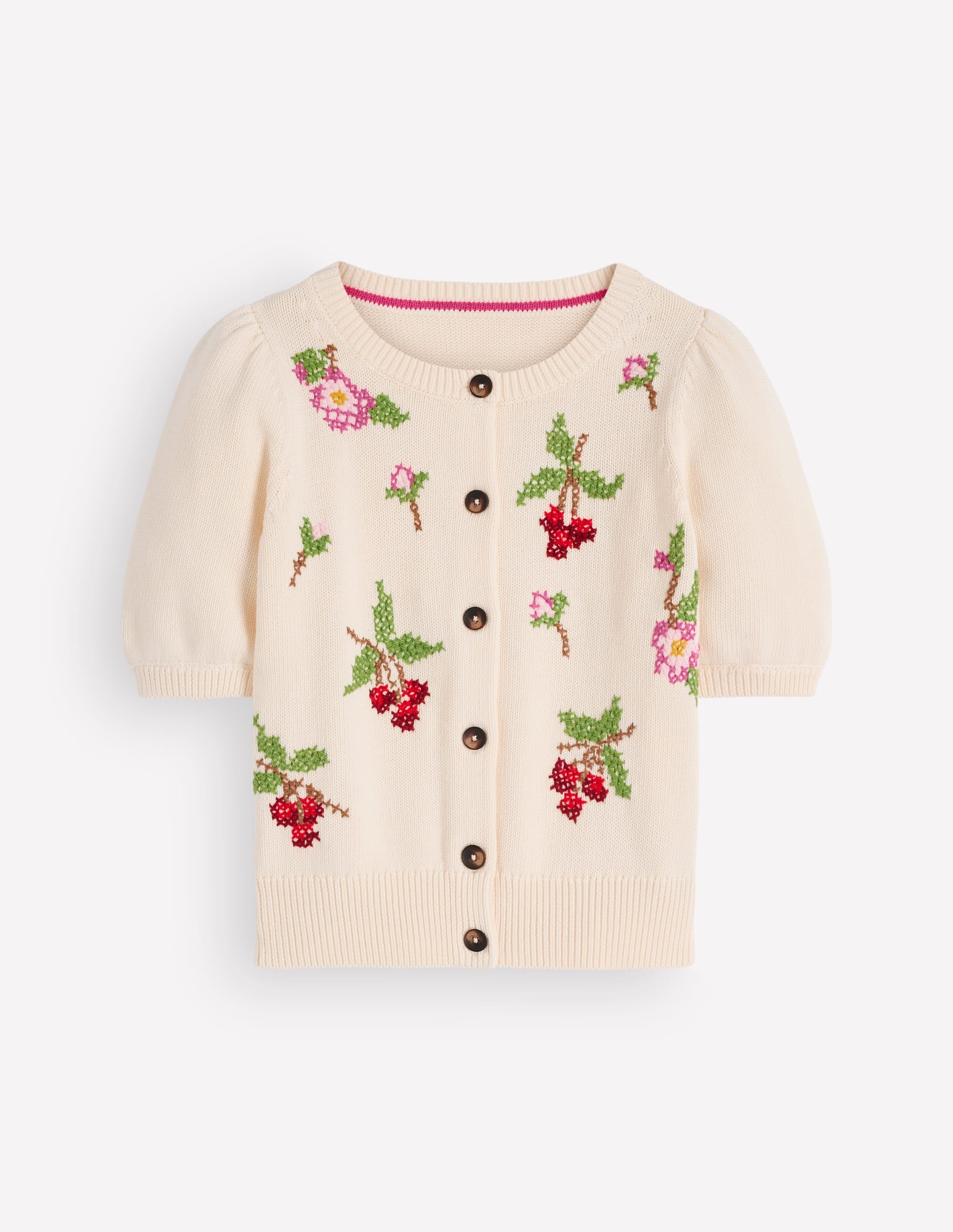 Puff Sleeve Cotton Cardigan-Warm Ivory, Embroidered - Image 8