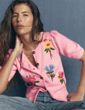 Puff Sleeve Cotton Cardigan-Blossom Pink, Embroidered