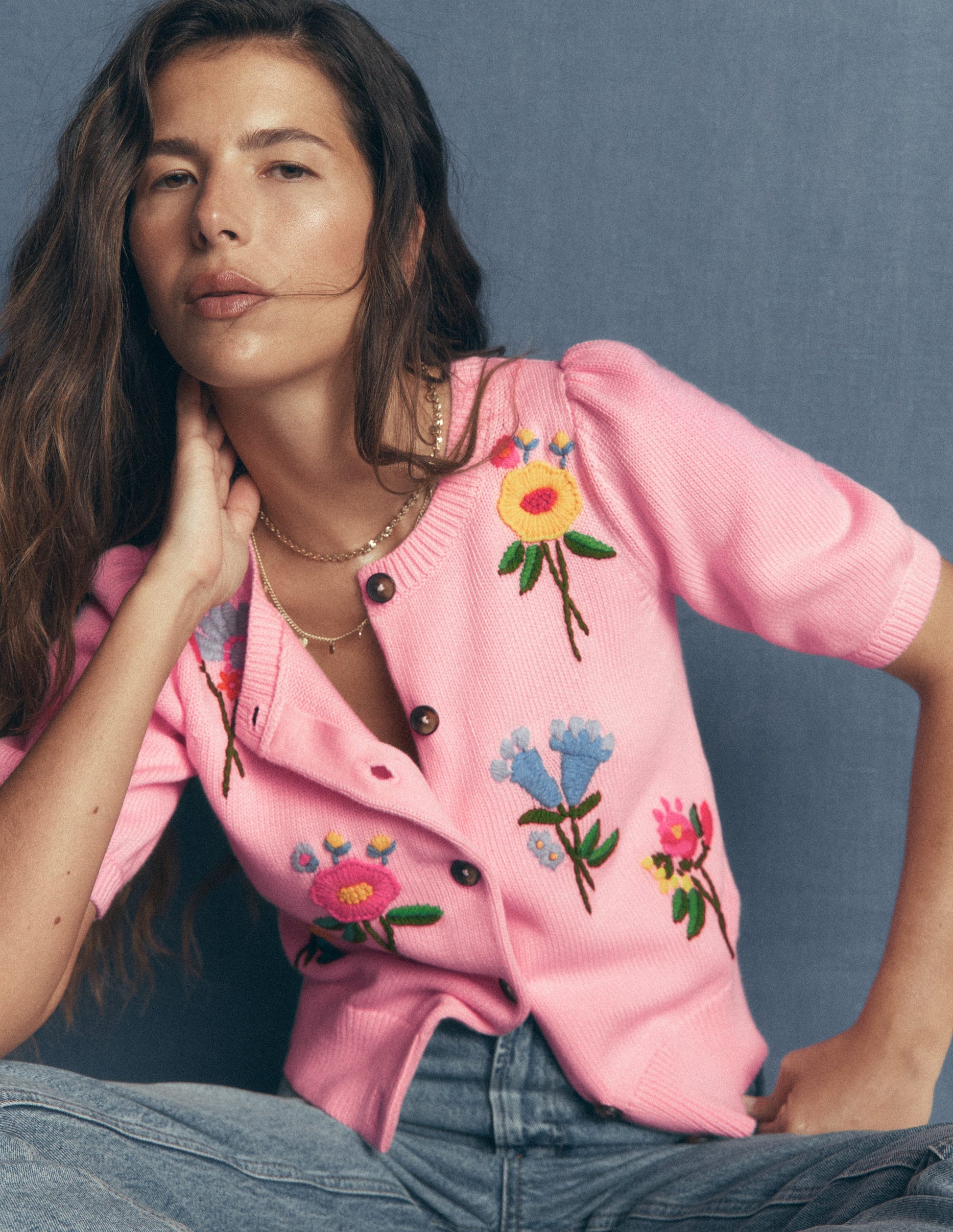 Puff Sleeve Cotton Cardigan-Blossom Pink, Embroidered-1