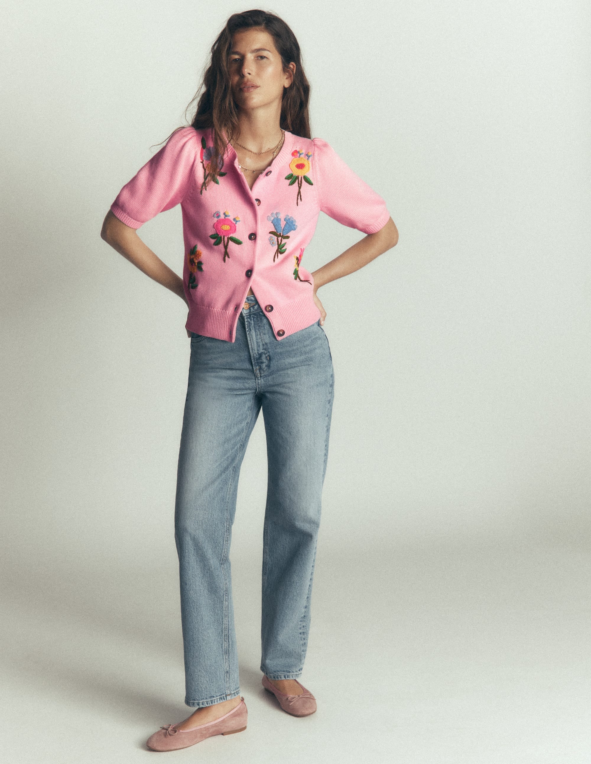 Puff Sleeve Cotton Cardigan-Blossom Pink, Embroidered - Image 4
