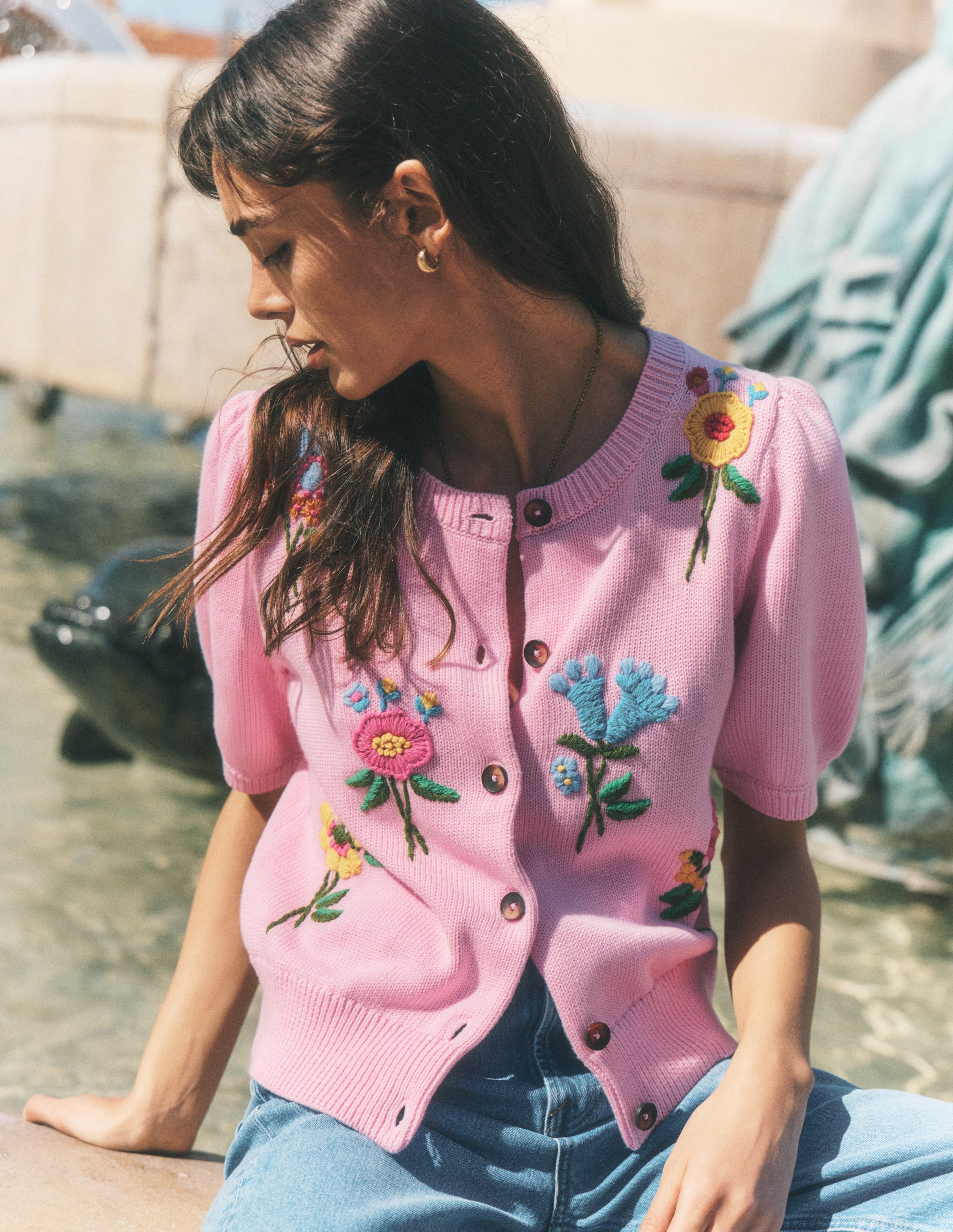 Puff Sleeve Cotton Cardigan-Blossom Pink, Embroidered - Image 7