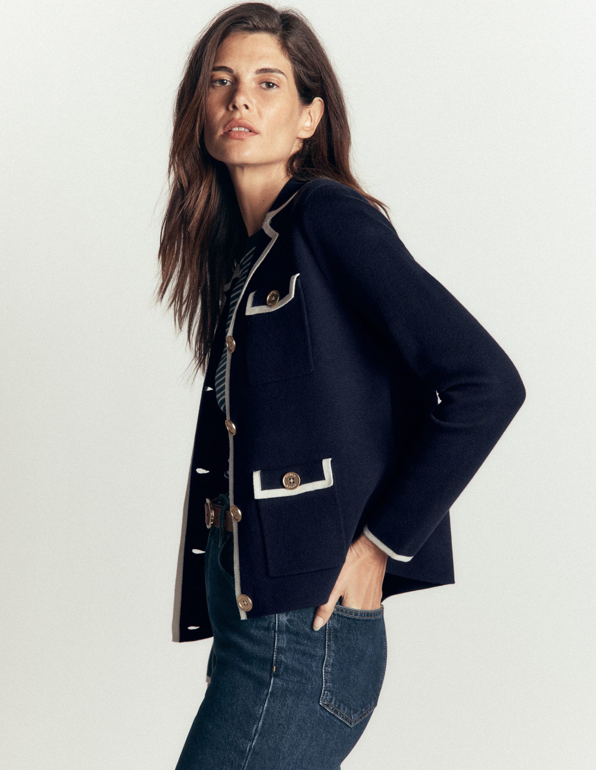 Phoebe Collared Knitted Jacket-Navy-4