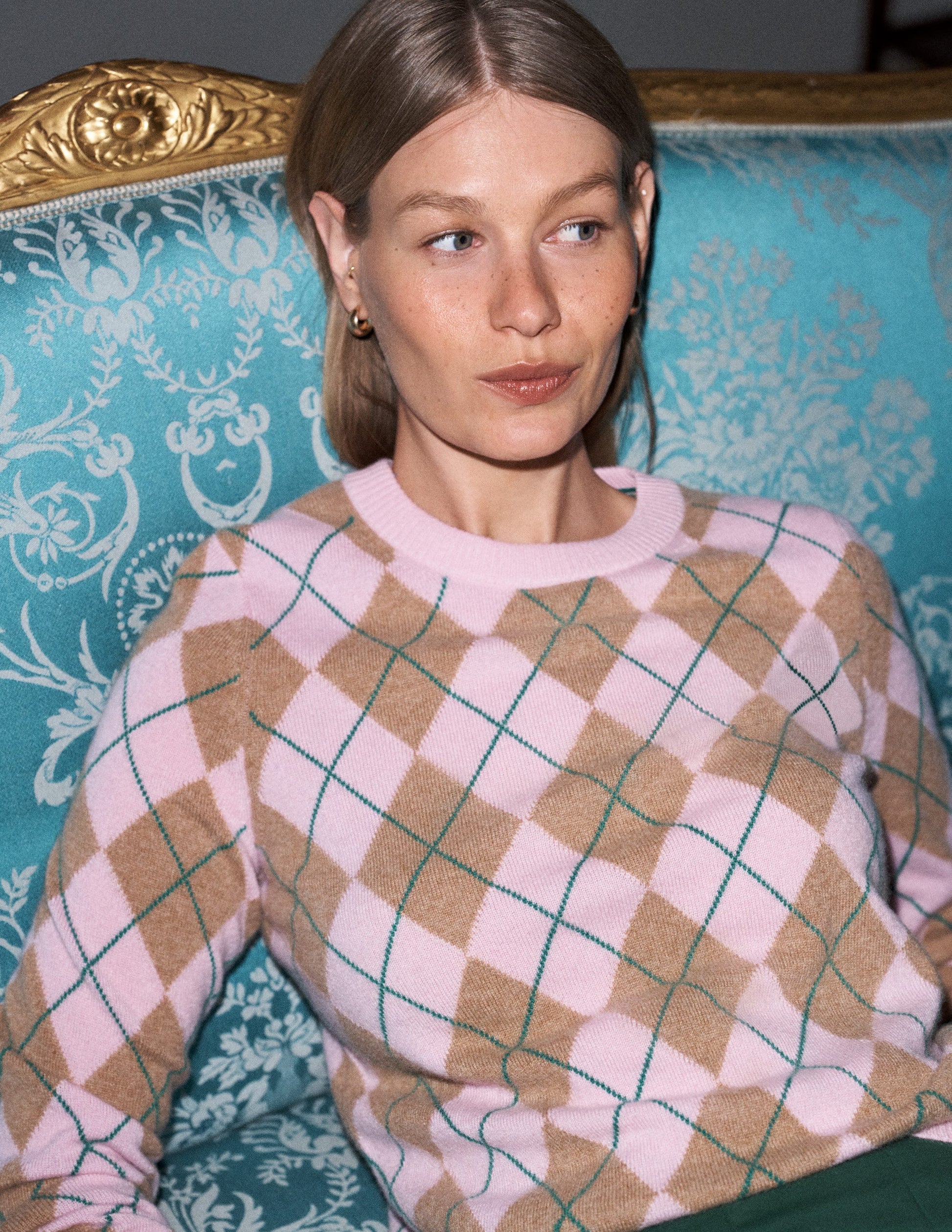 Elsie Cashmere Crew Jumper-Pink Heather, Argyle-1