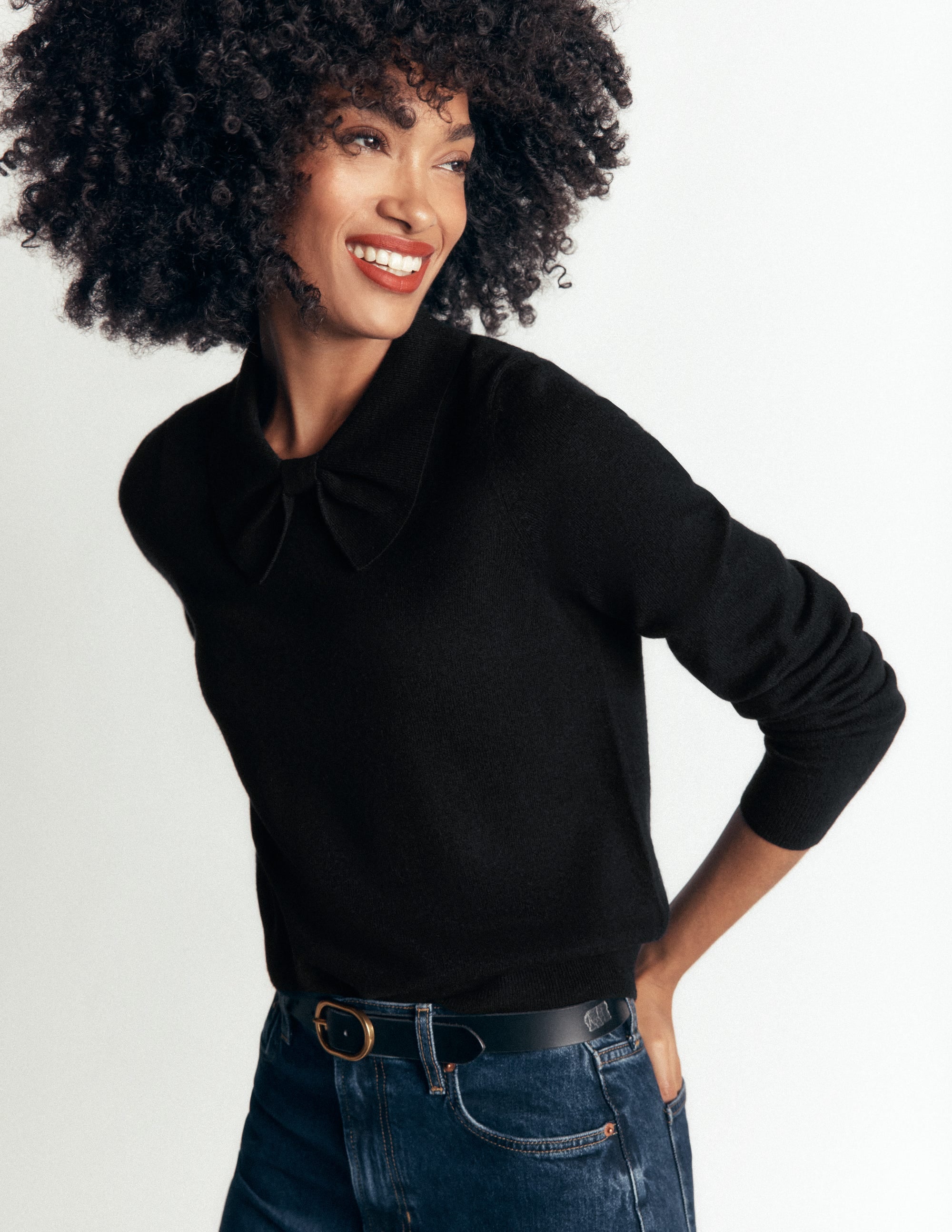 Bow Neck Knitted Jumper-Black - Image 2