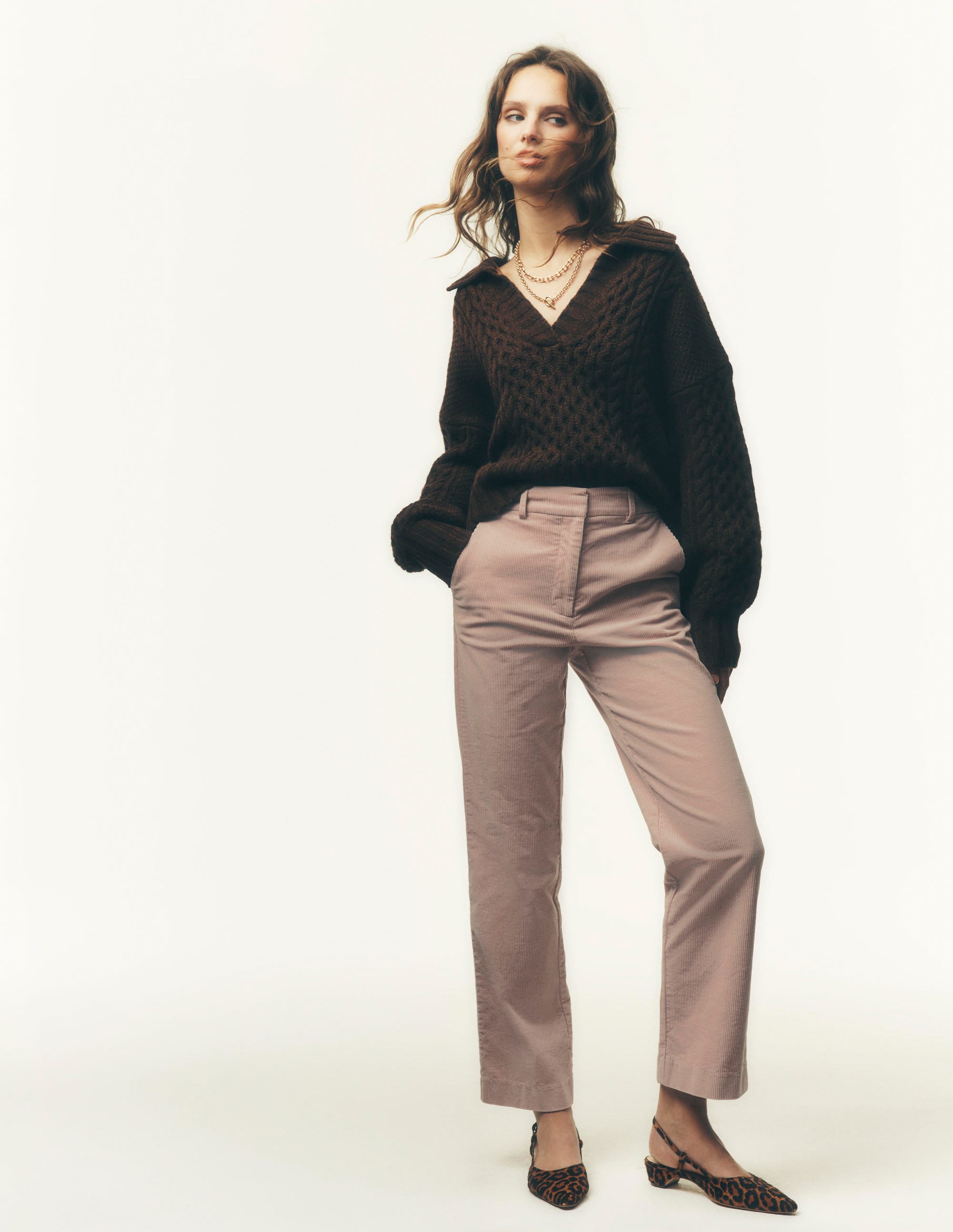 Collared Cable Knit Jumper-Raw Umber - Image 1