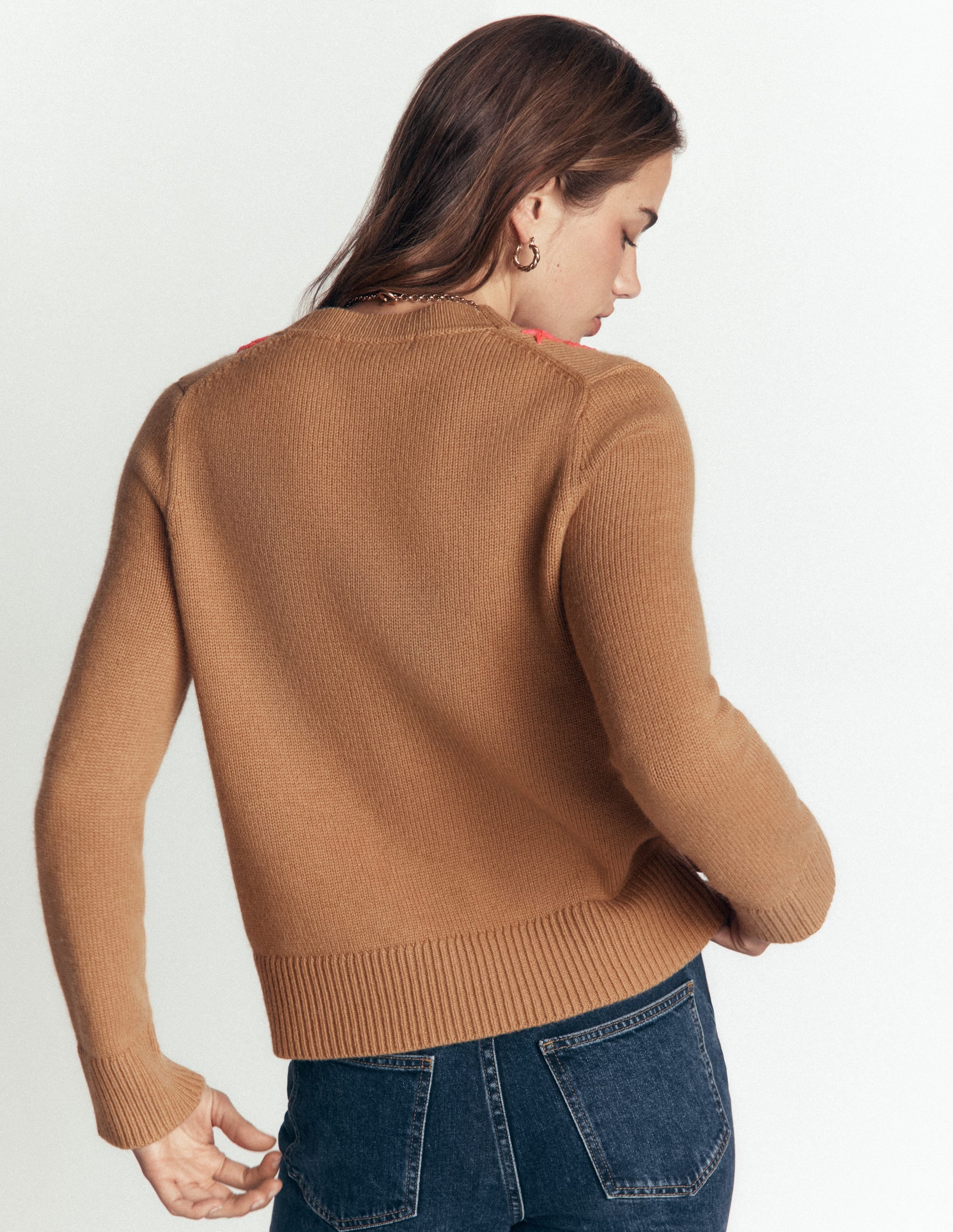 Ella Embroidered Knit Cardigan-Camel, Embroidery - Image 2