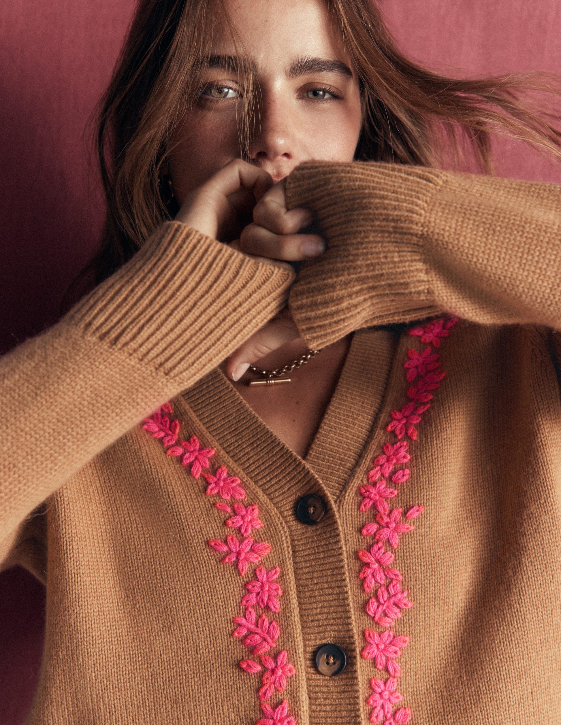 Ella Embroidered Knit Cardigan-Camel, Embroidery-3