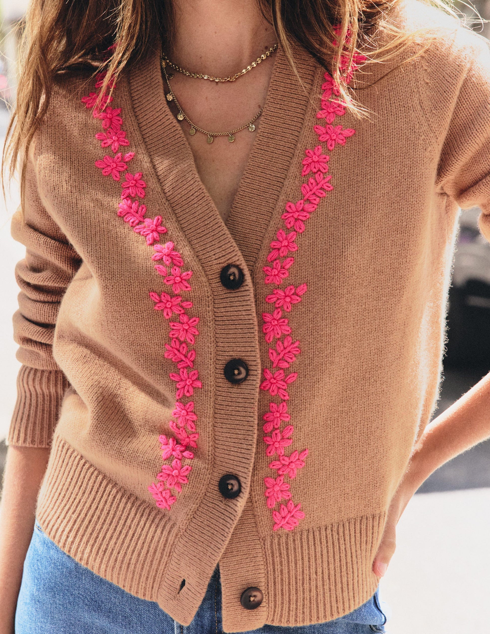 Ella Embroidered Knit Cardigan-Camel, Embroidery-4