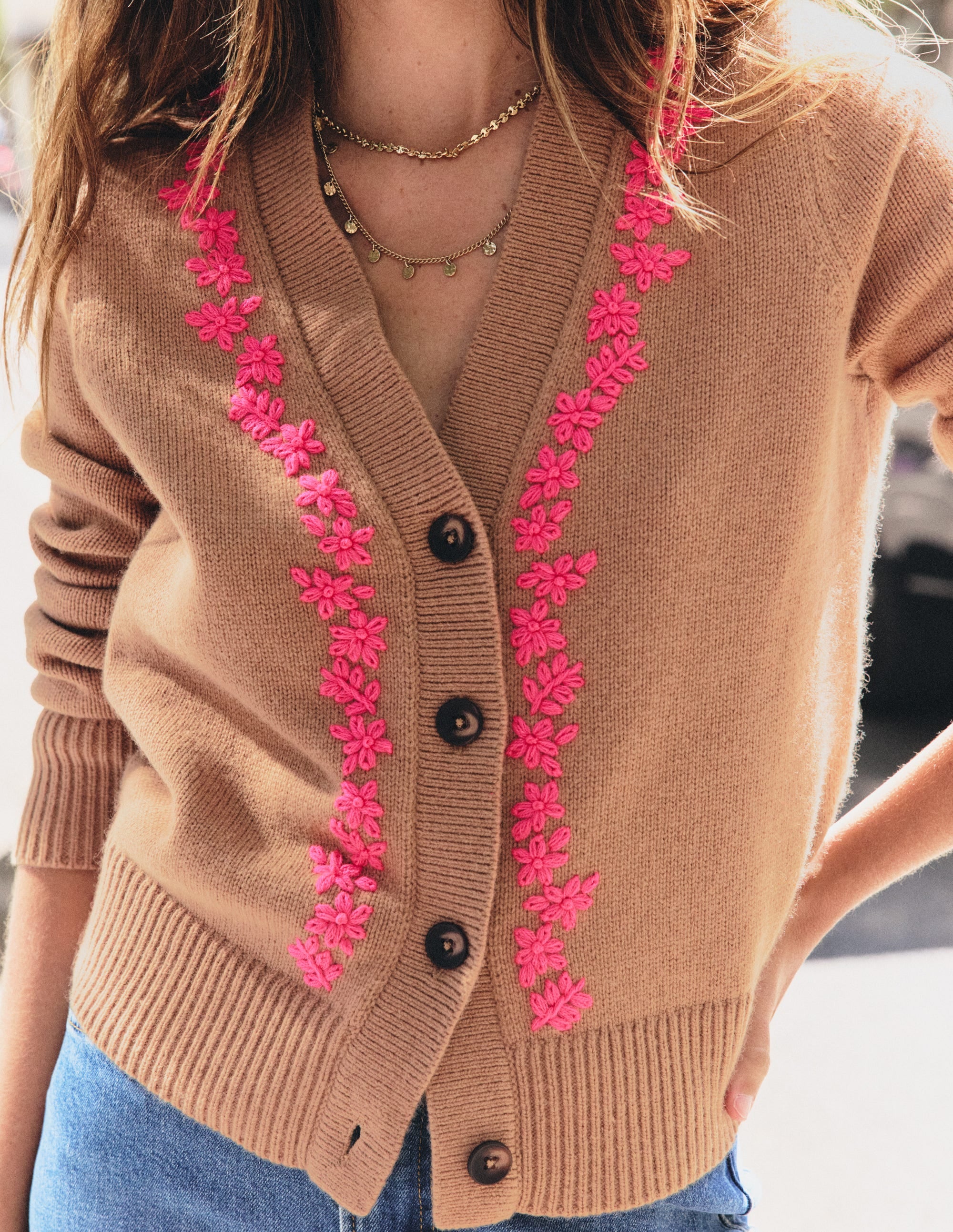 Ella Embroidered Knit Cardigan-Camel, Embroidery - Image 4