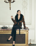Belted Wrap Knitted Cardigan-Metallic Black Gold Jacquard