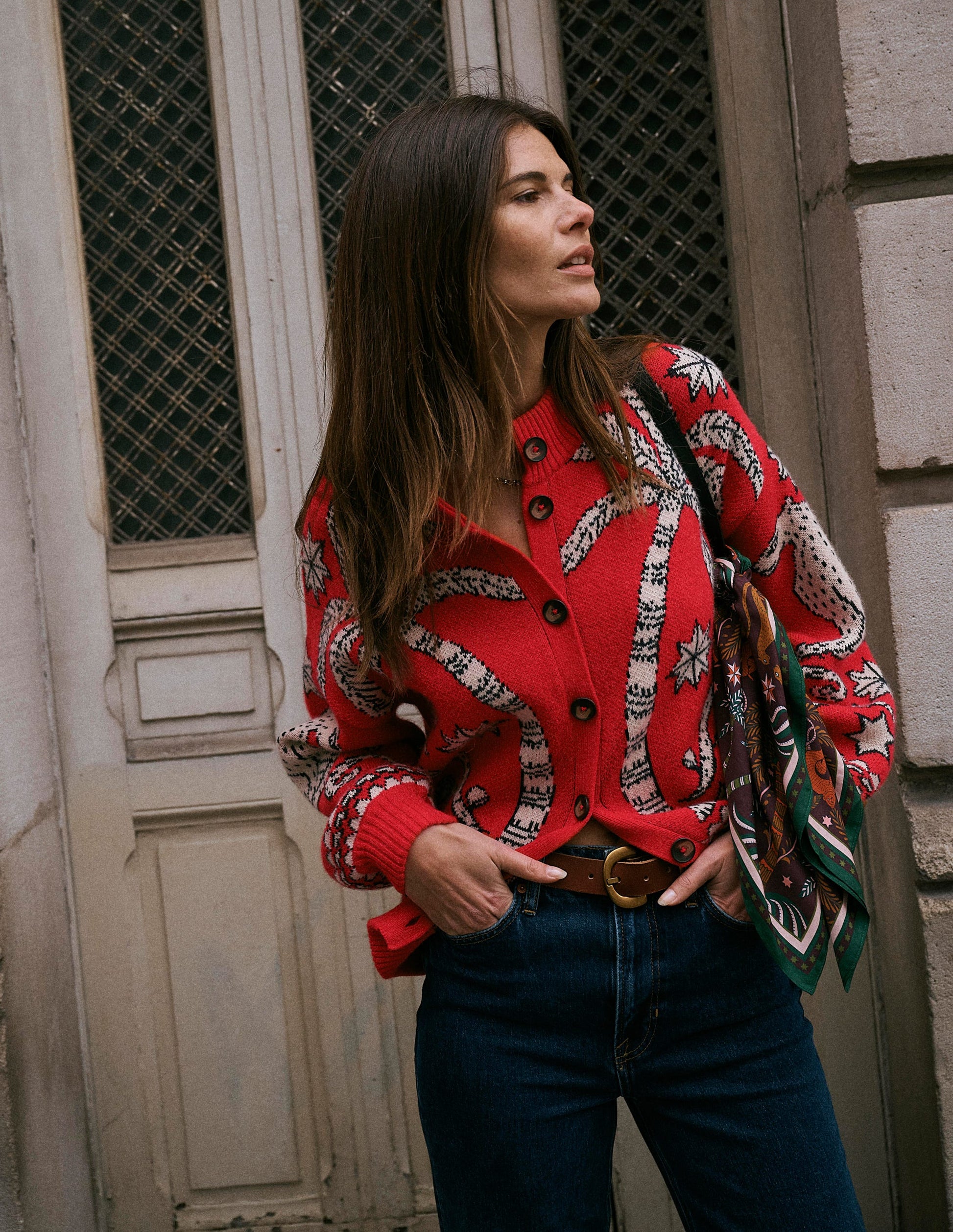 Jemma Jacquard Knit Cardigan-Merida Red Palm Tree-1