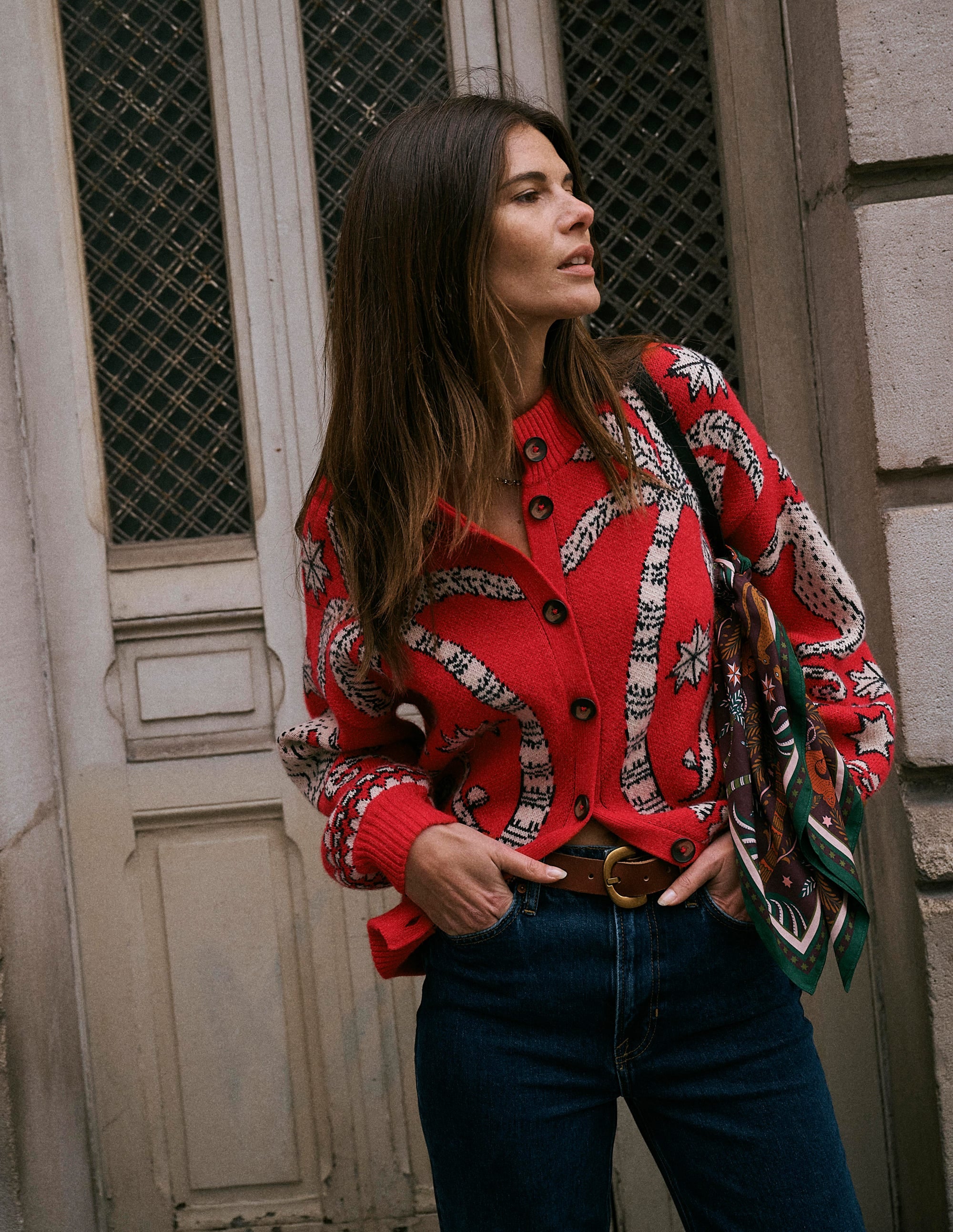 Jemma Jacquard Knit Cardigan-Merida Red Palm Tree - Image 1