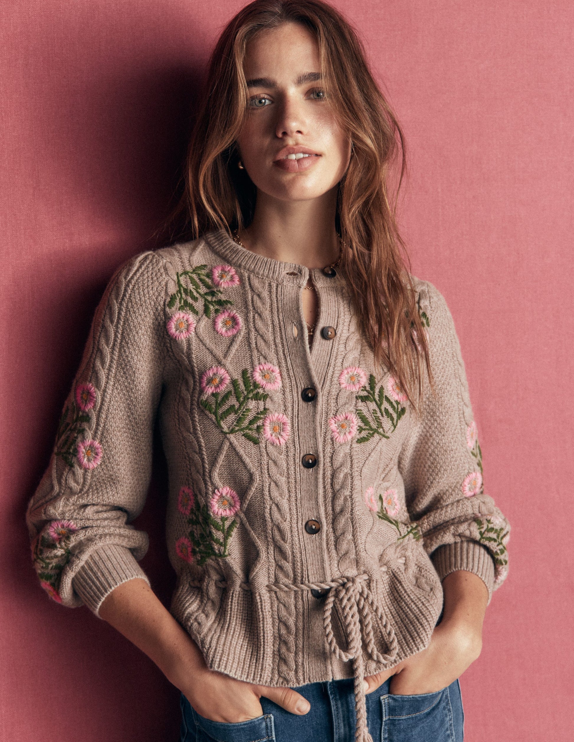 Cable Knitted Cardigan-Mink Melange, Embroidery-3