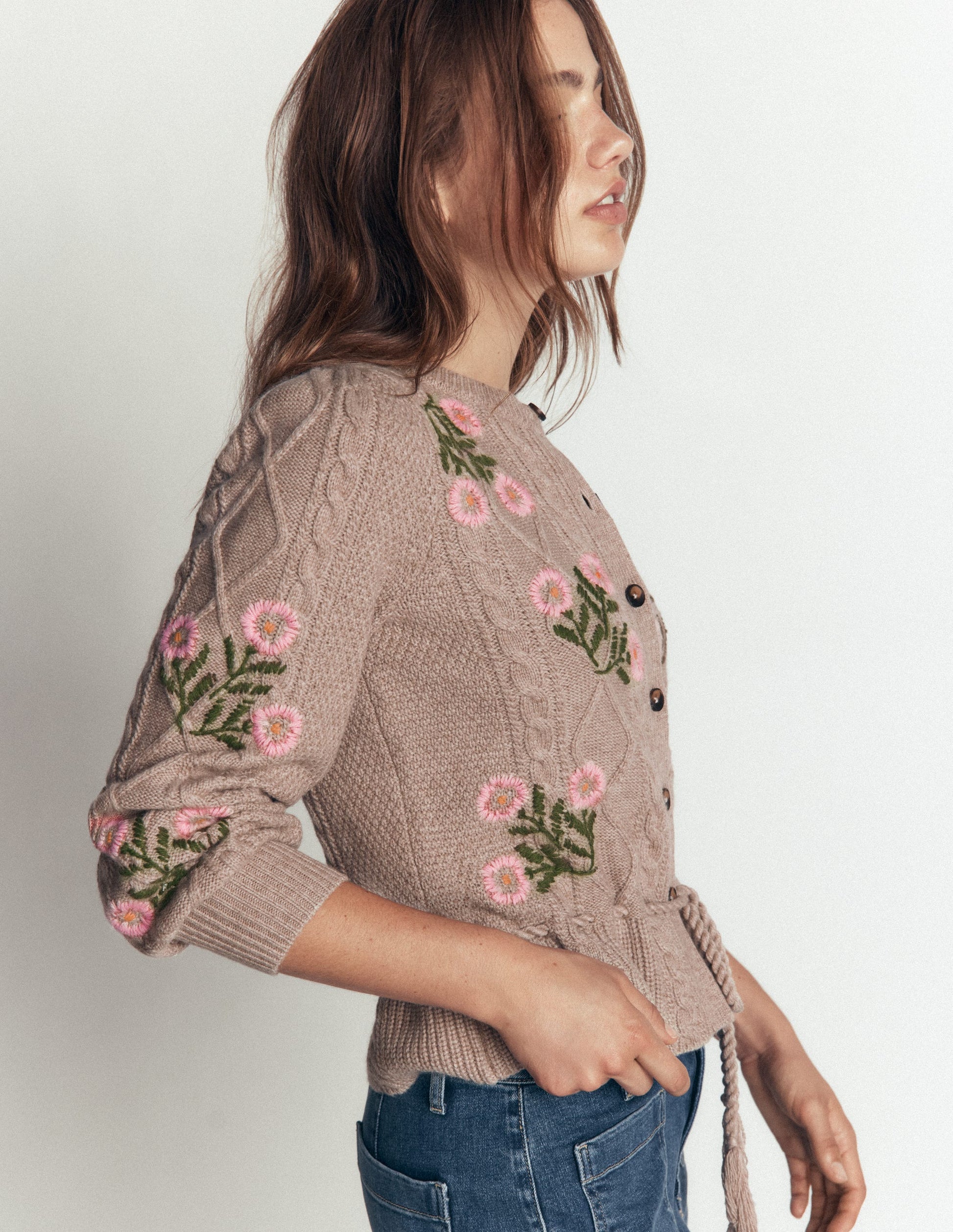 Cable Knitted Cardigan-Mink Melange, Embroidery-4