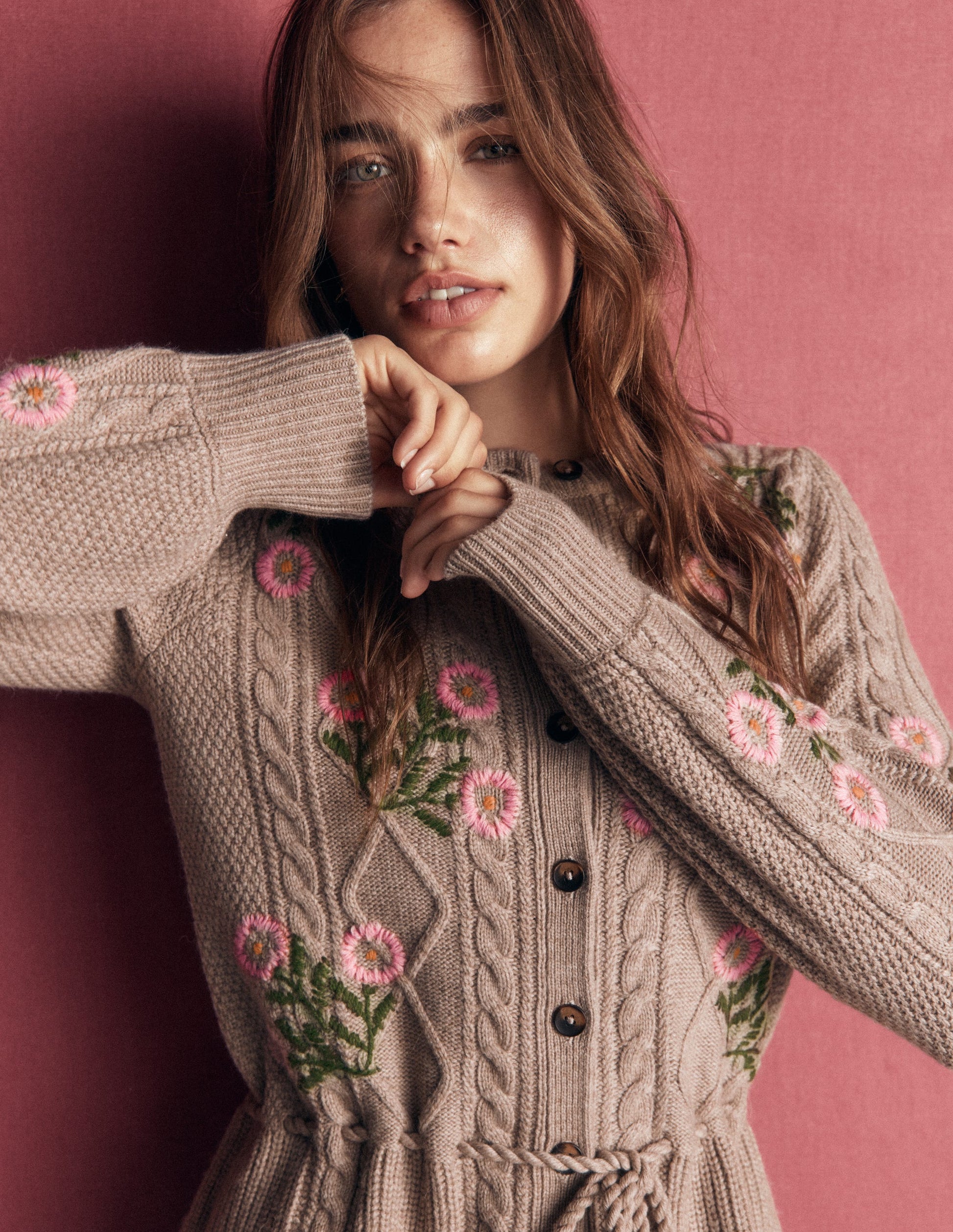 Cable Knitted Cardigan-Mink Melange, Embroidery-7