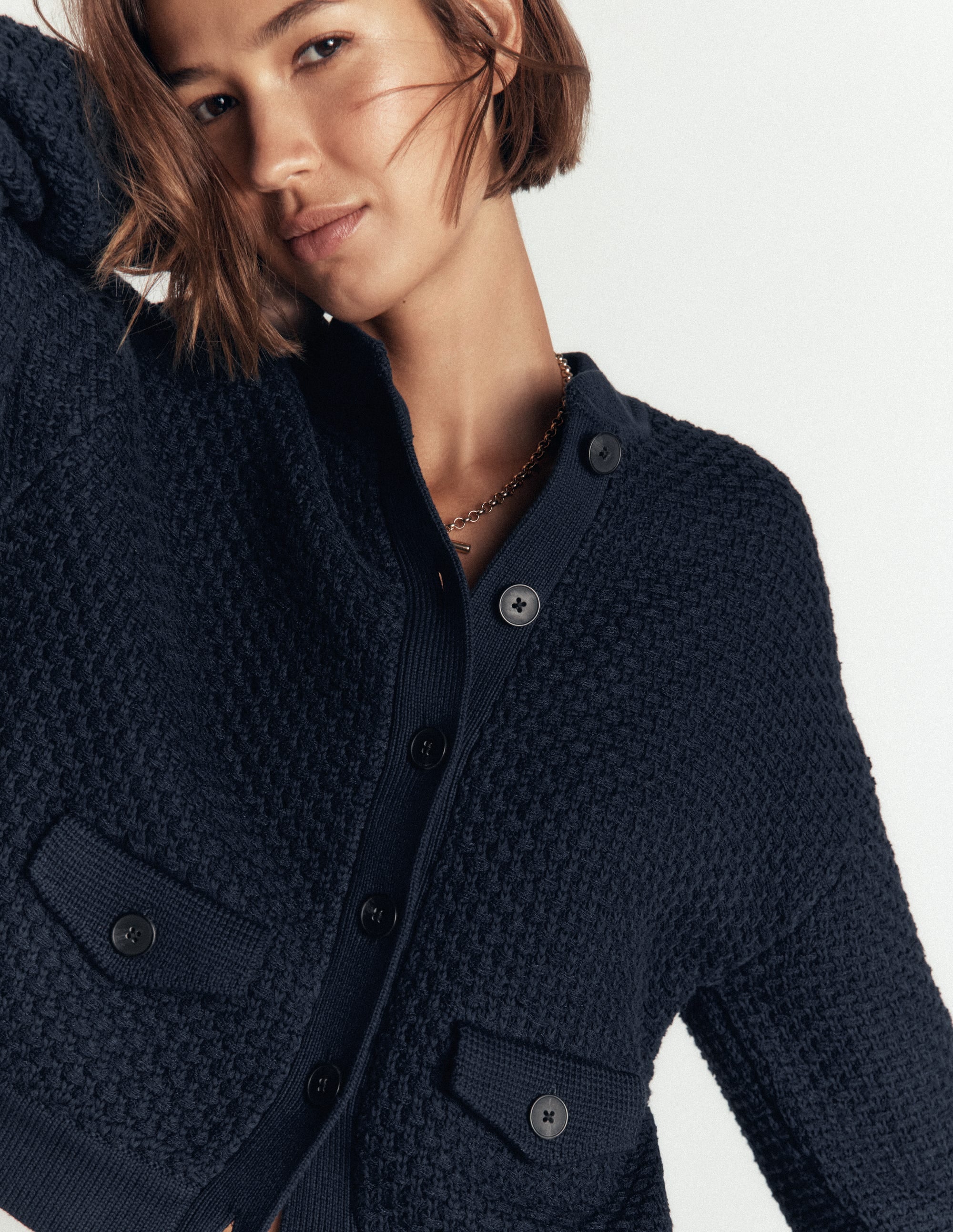 Textured Knitted Bomber Jacket-Navy - Image 2