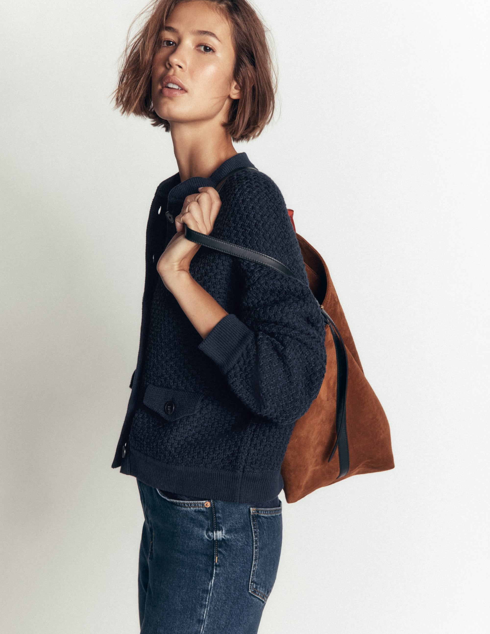 Textured Knitted Bomber Jacket-Navy - Image 5