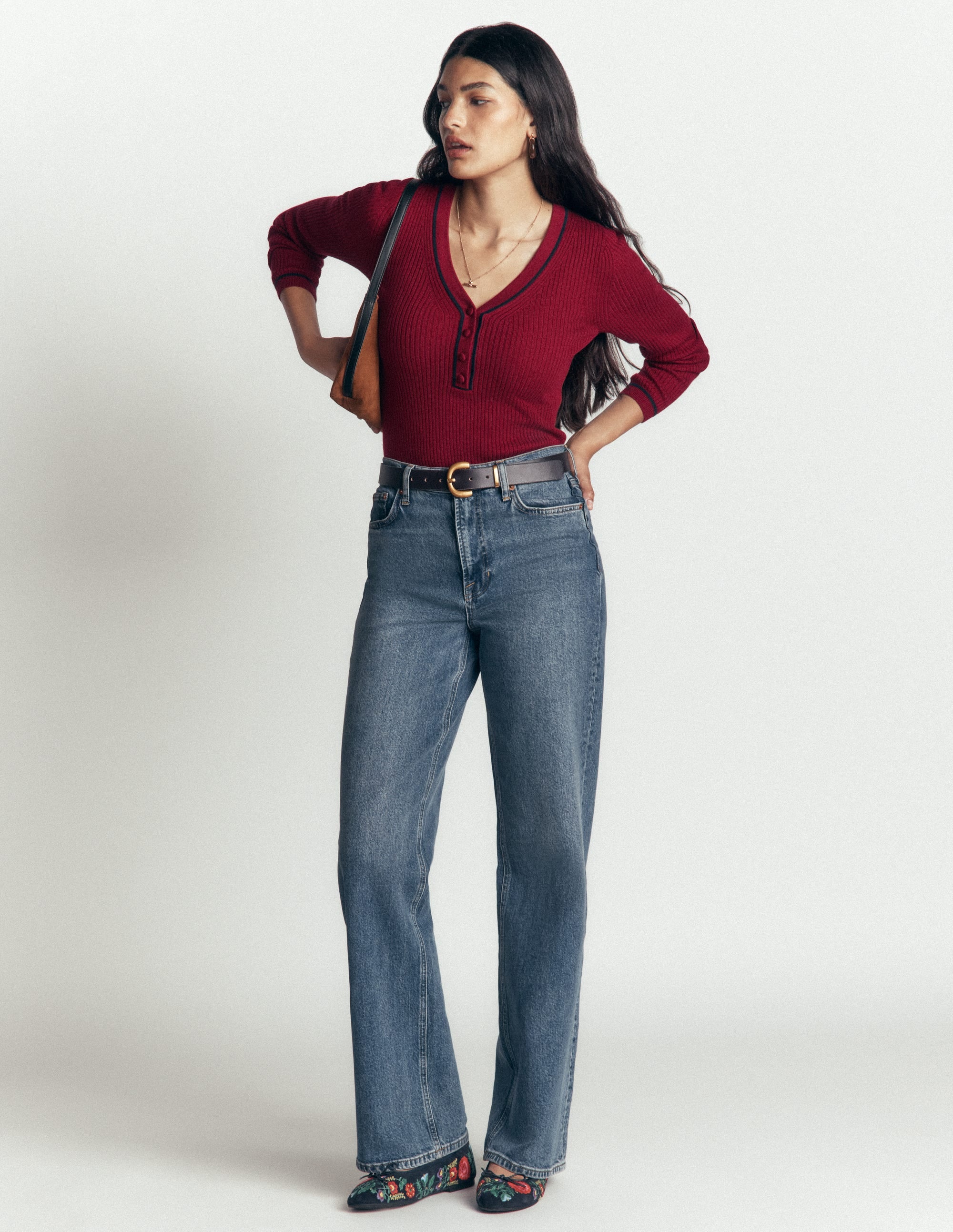 Paula Ribbed V Neck Jumper-Merlot - Image 4
