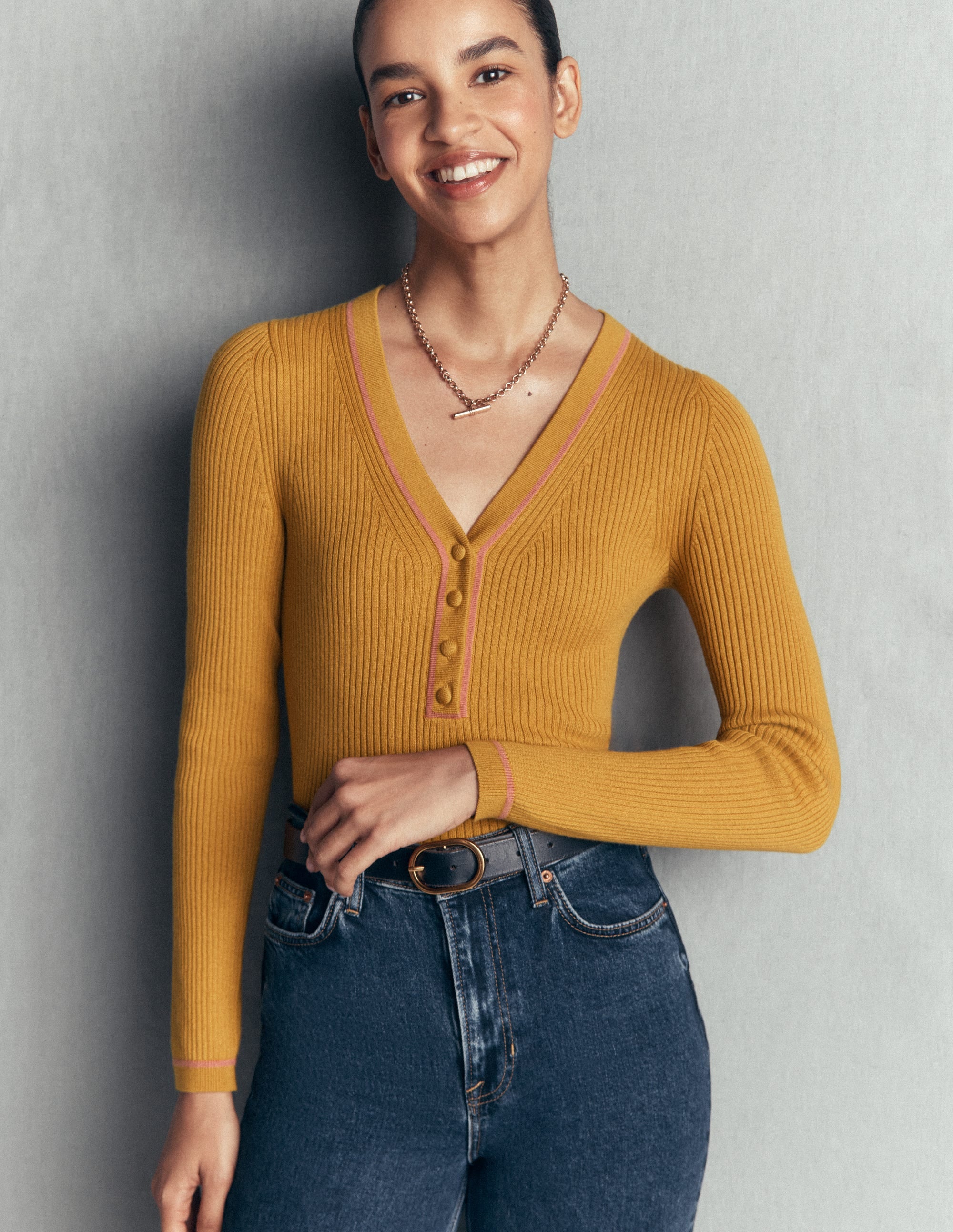 Paula Ribbed V Neck Jumper-Gold Wheat - Image 1