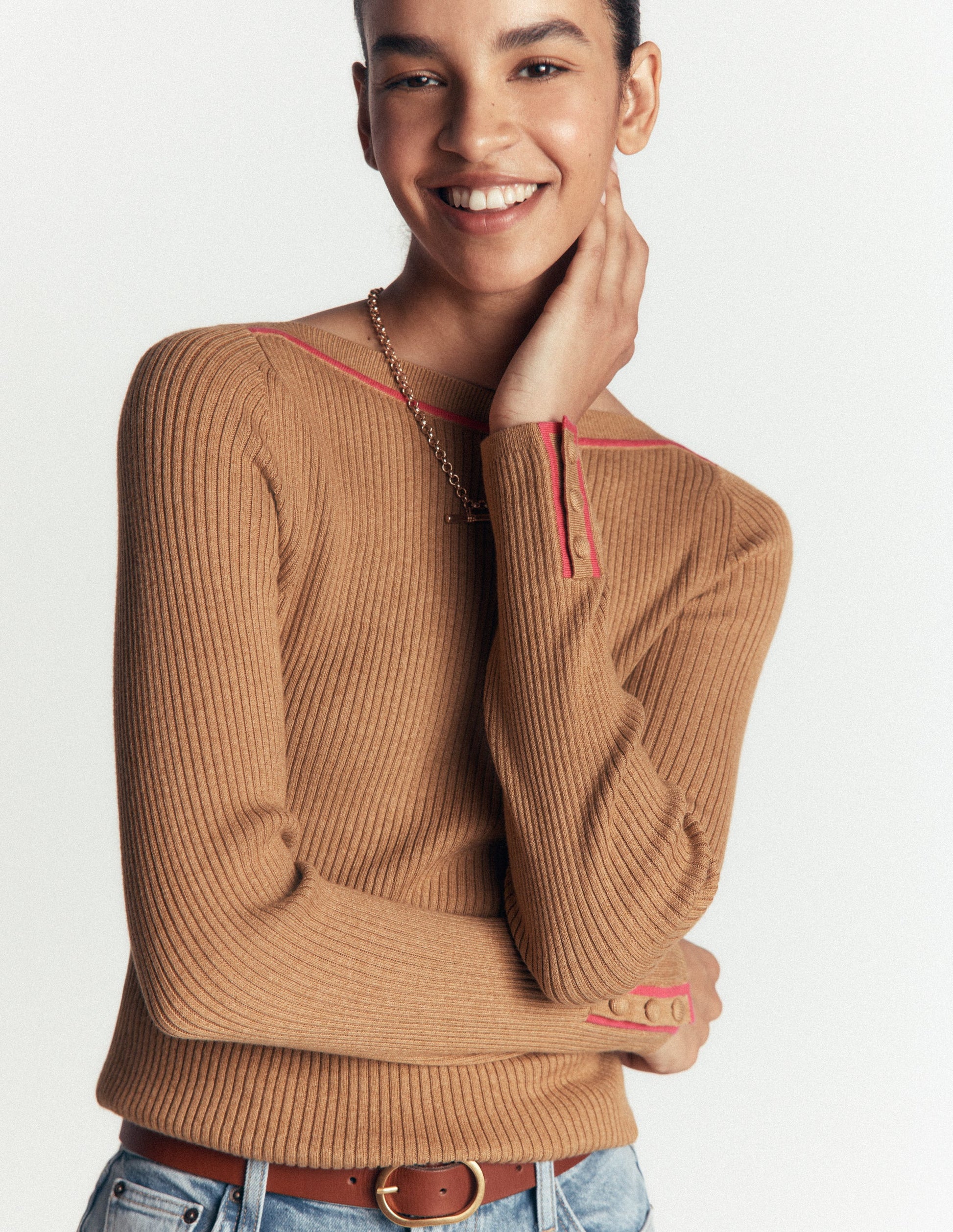 Paula Ribbed Boatneck Jumper-Camel-1