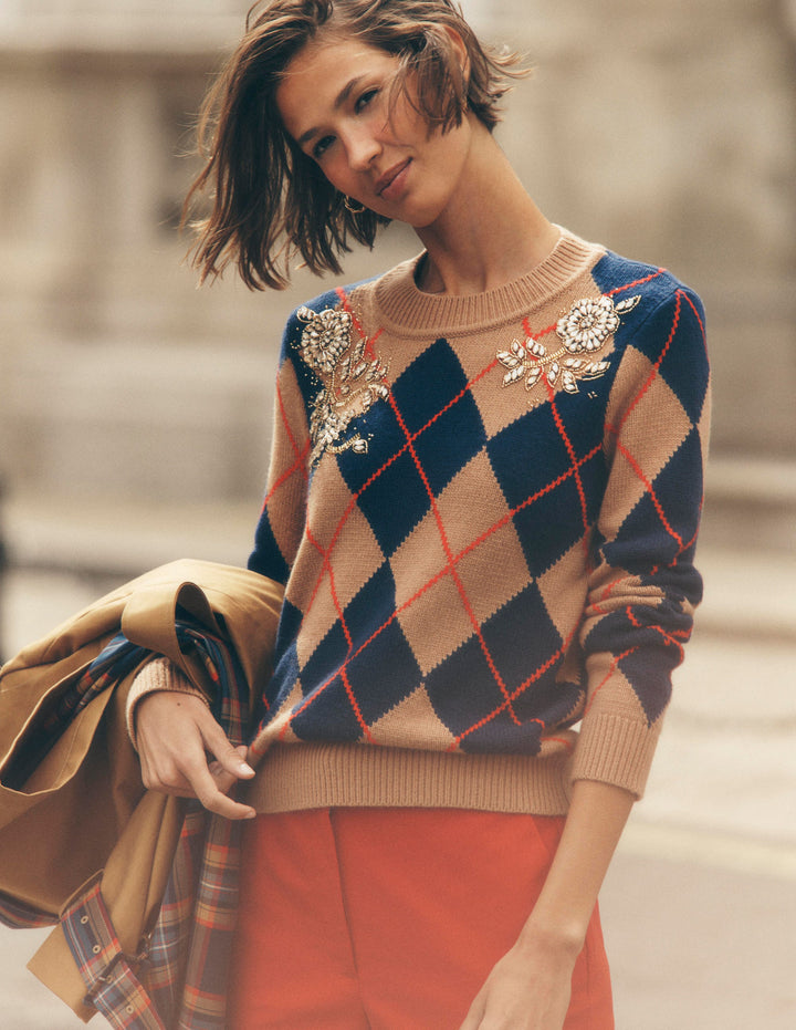 Embellished Jacquard Jumper-Camel Melange Argyle