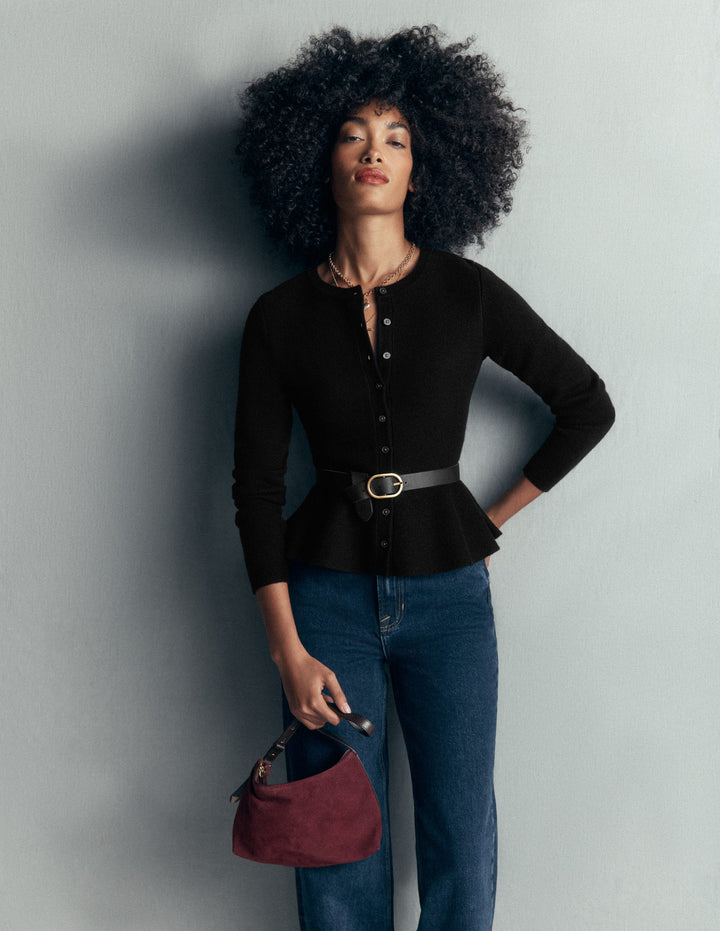 Fitted Wool Peplum Cardigan-Black