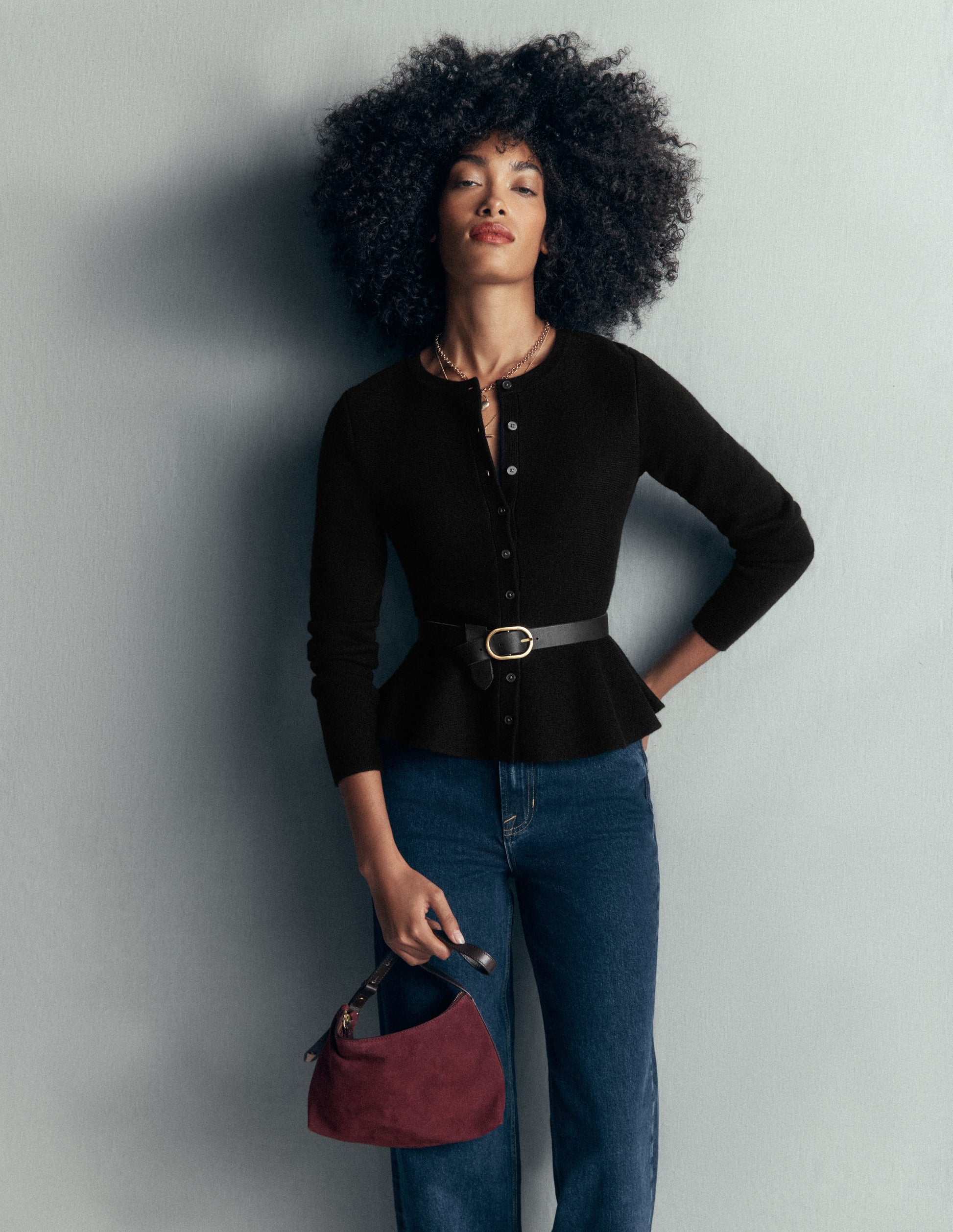 Fitted Wool Peplum Cardigan-Black-1