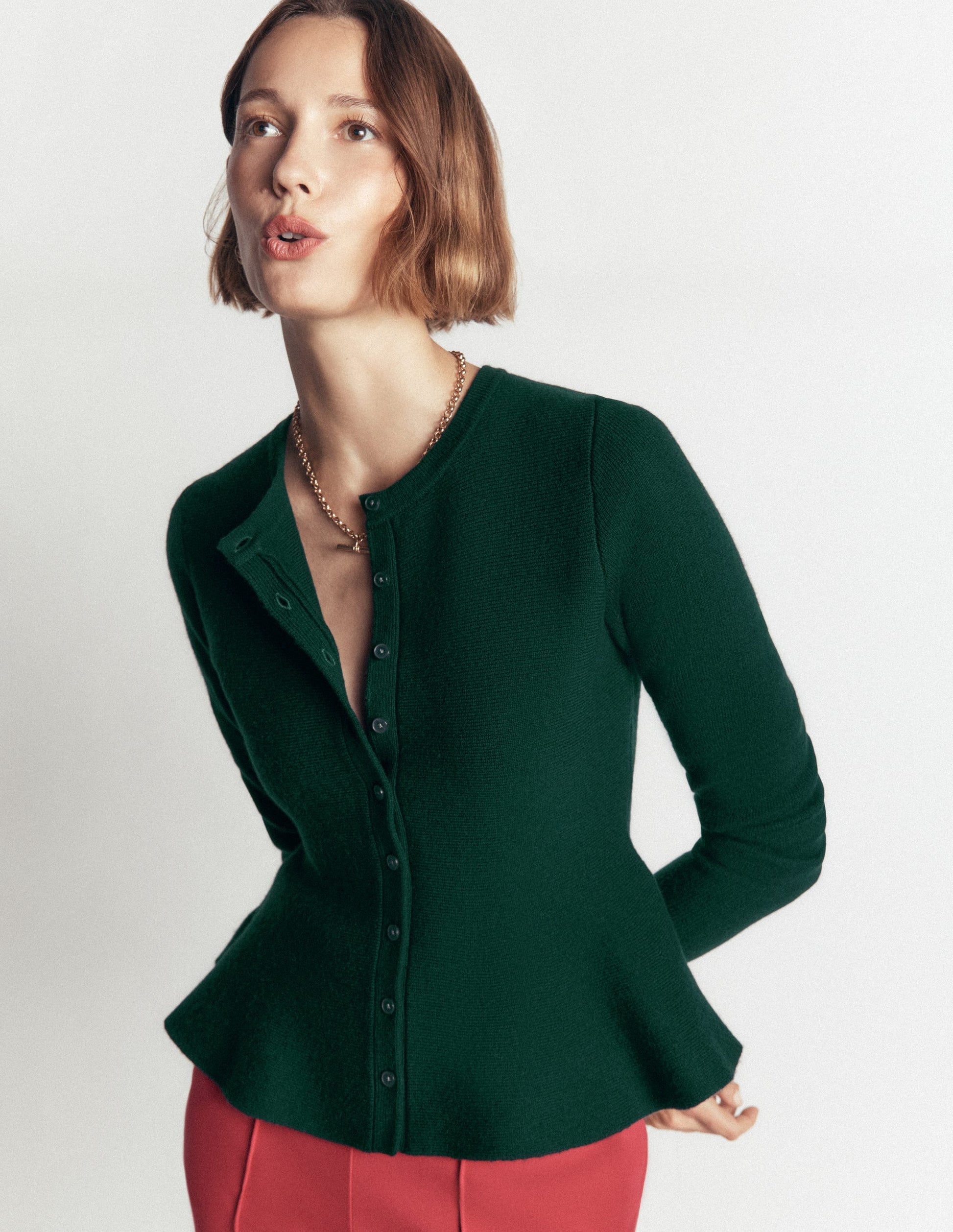 Fitted Wool Peplum Cardigan-Sea moss-3