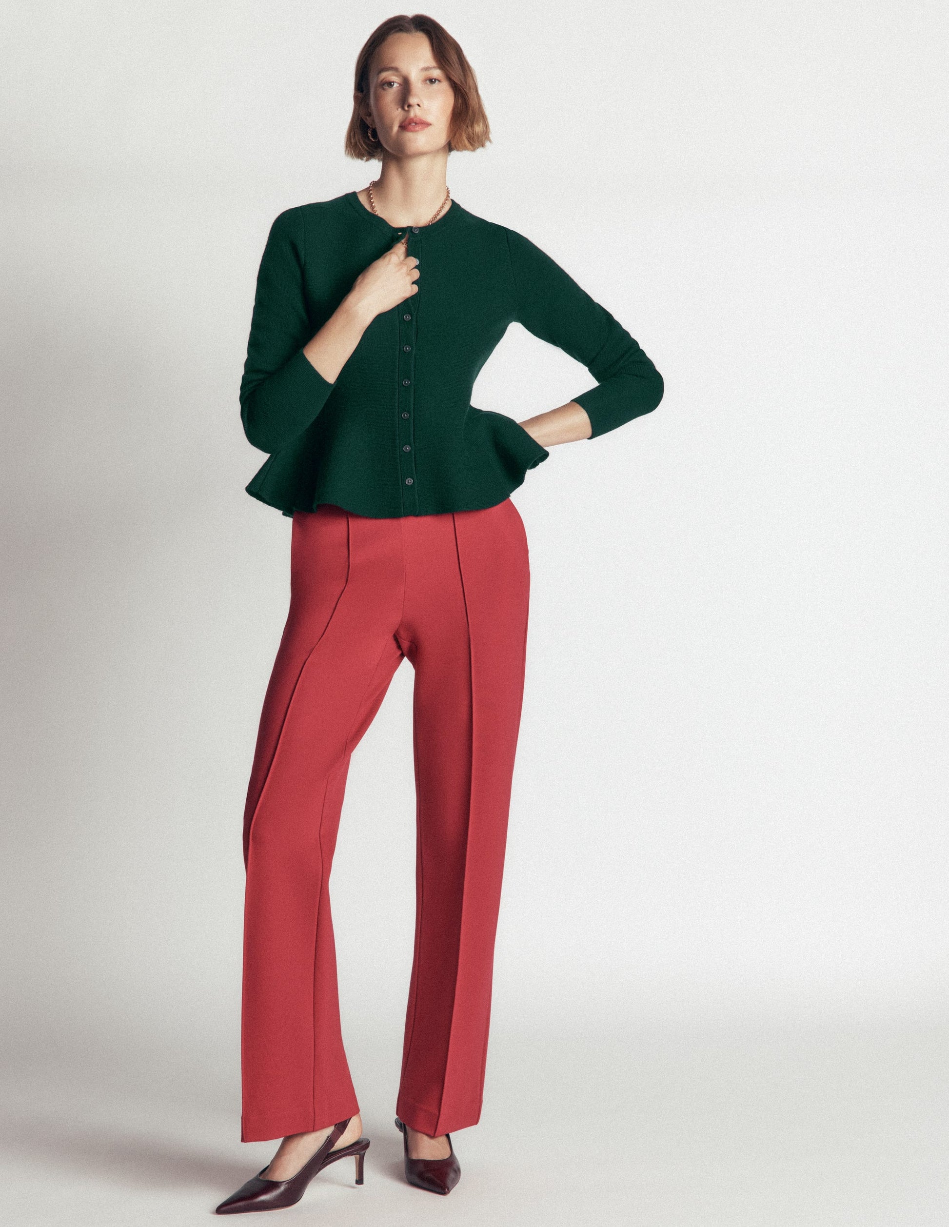 Fitted Wool Peplum Cardigan-Sea moss-5