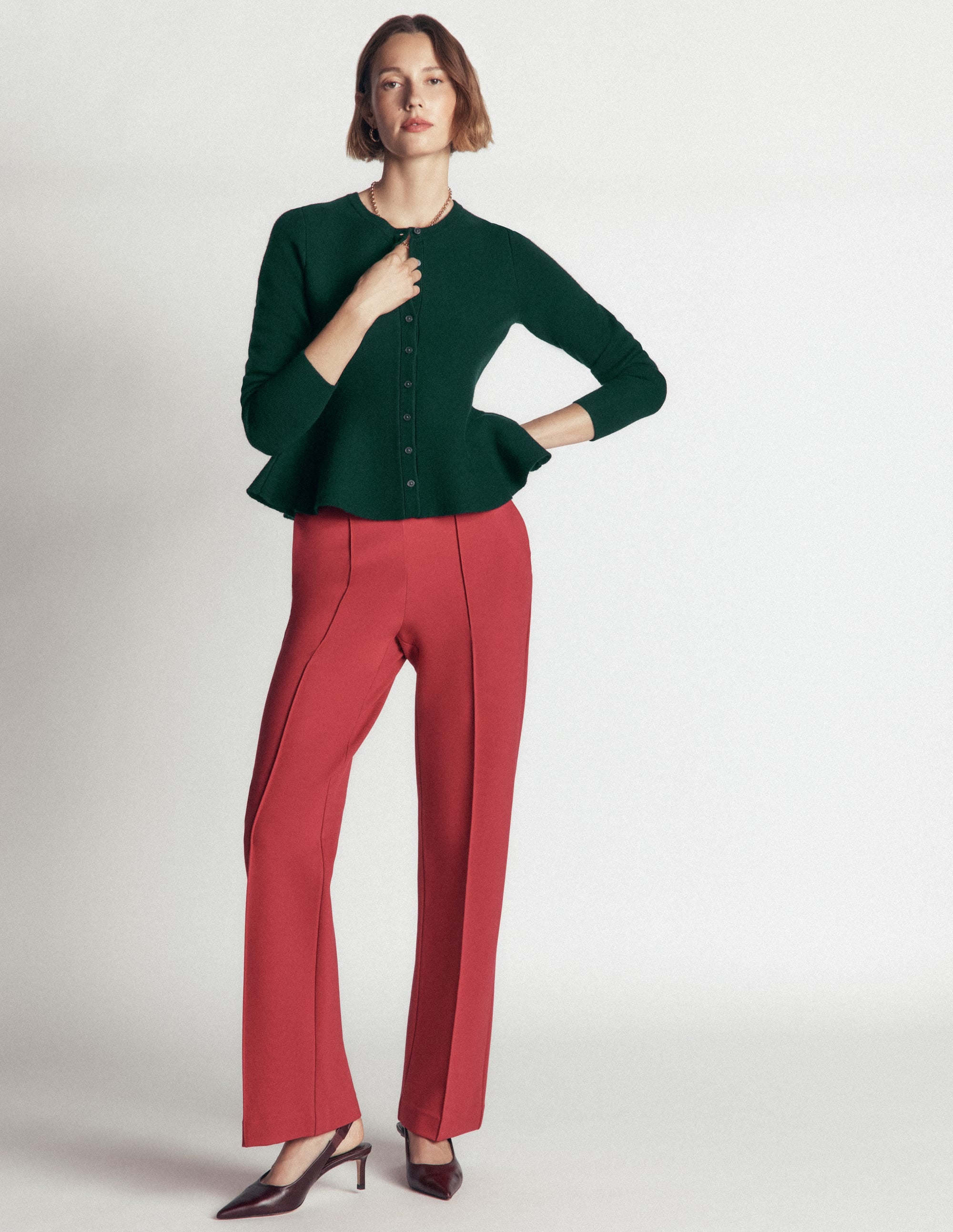 Fitted Wool Peplum Cardigan-Sea moss - Image 5