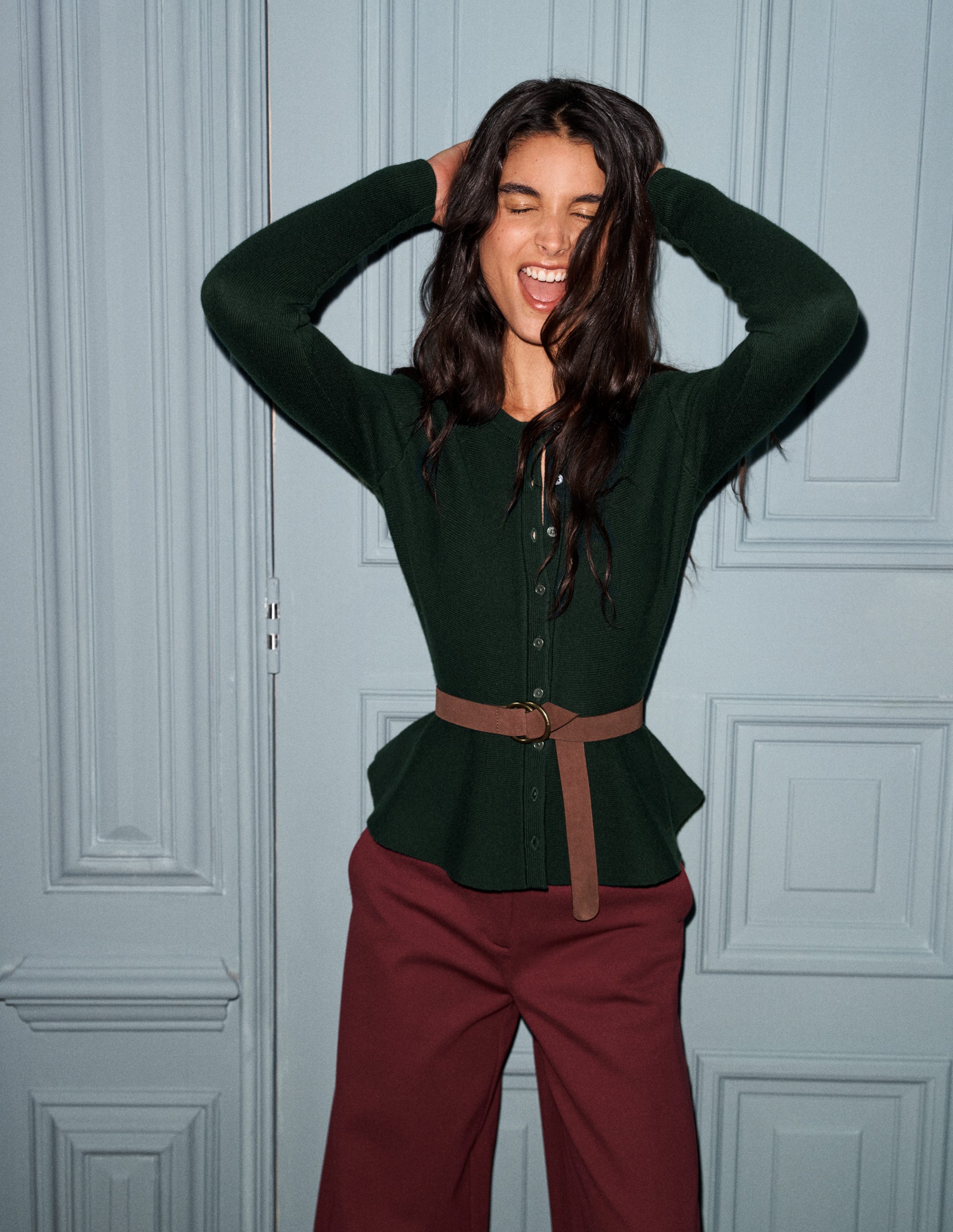 Fitted Wool Peplum Cardigan-Sea moss - Image 1