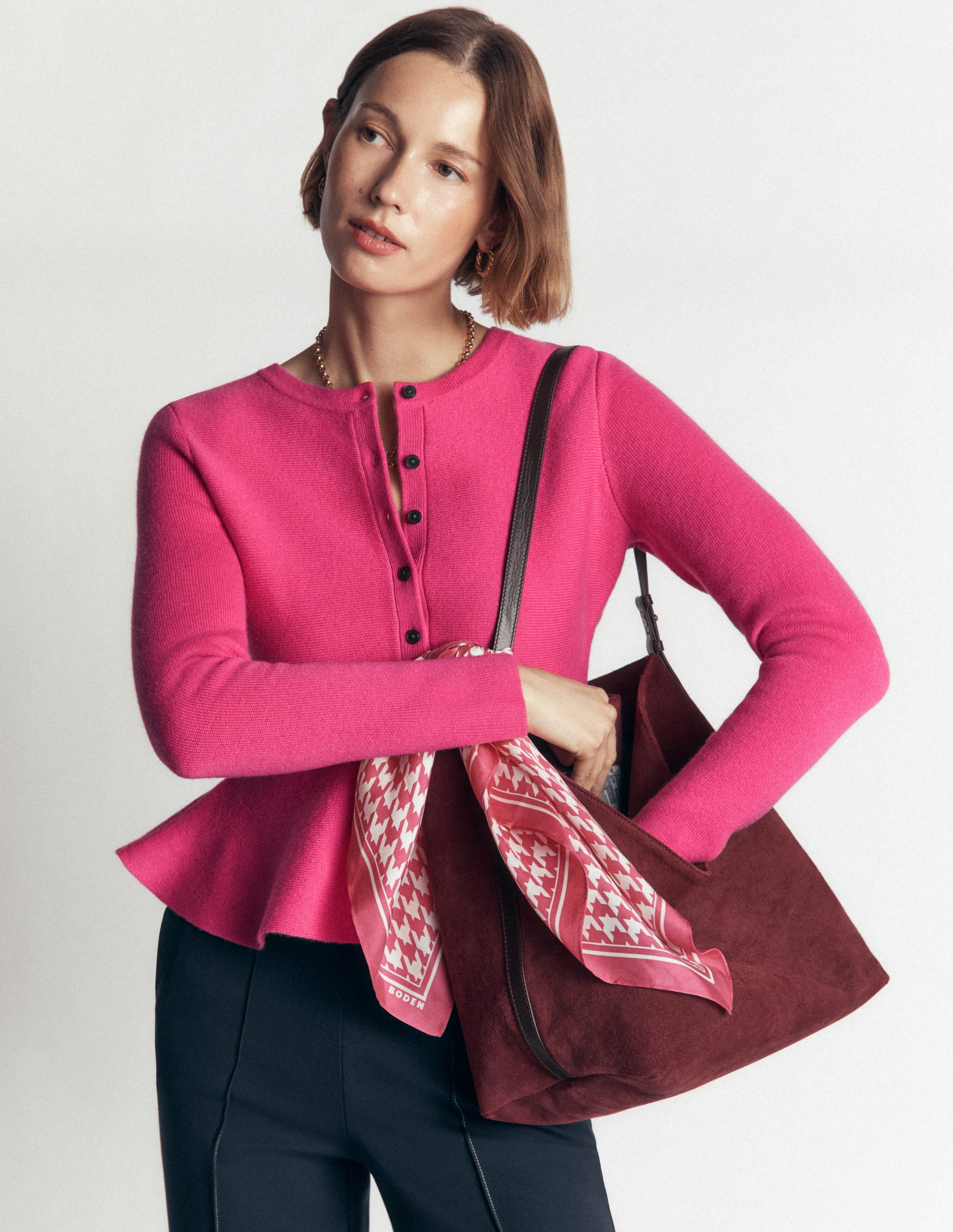 Fitted Wool Peplum Cardigan-Pink - Image 1