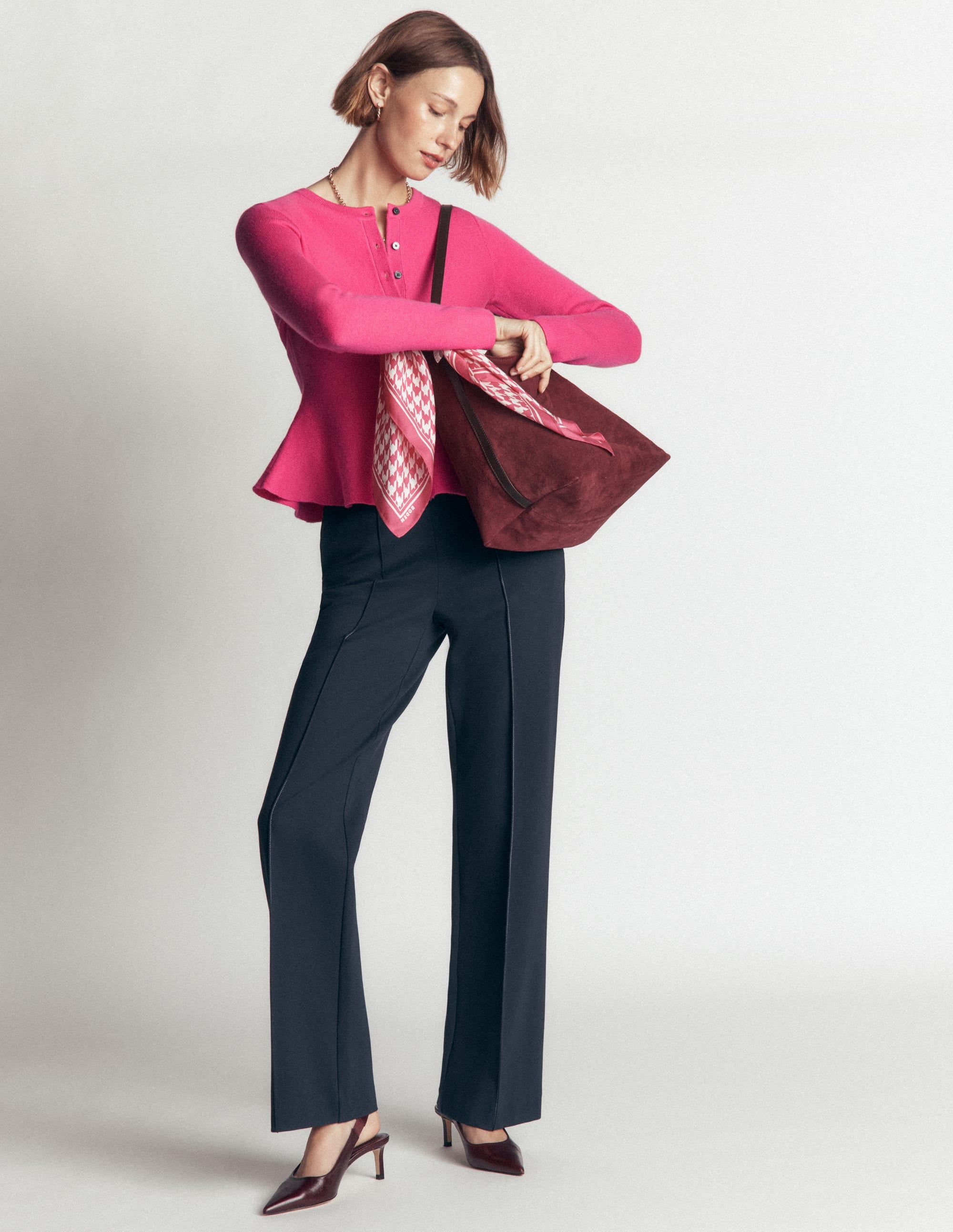 Fitted Wool Peplum Cardigan-Pink - Image 4