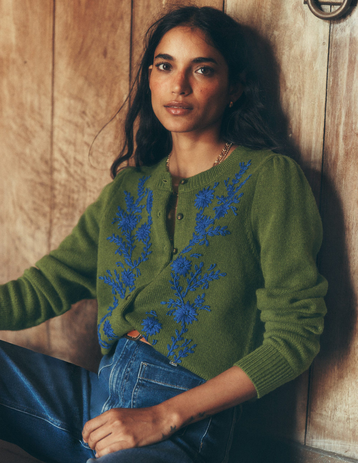 Embroidered Knitted Cardigan-Chive-1