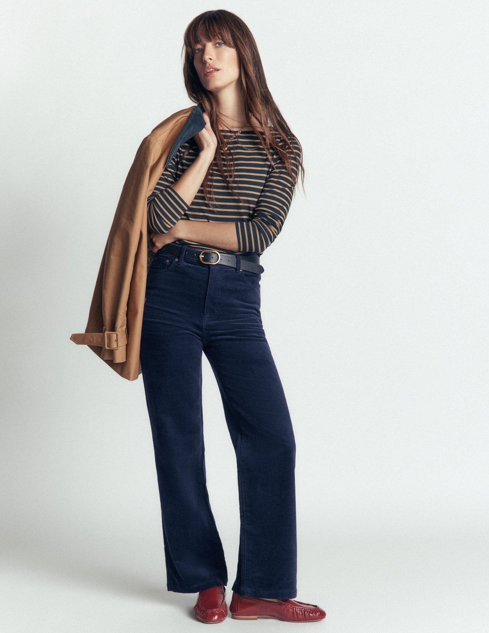 High Rise Cord Column Jeans-Navy-1