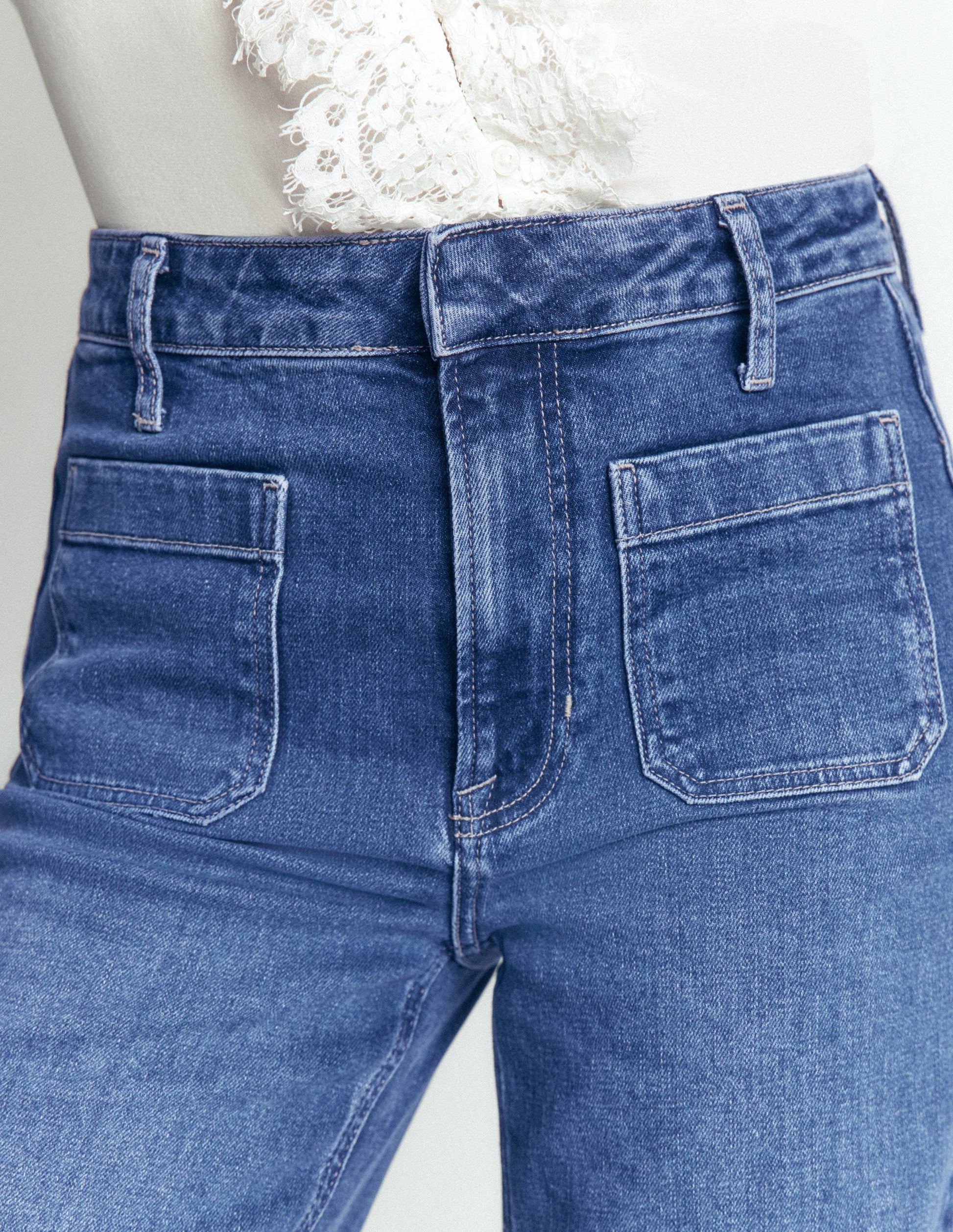 Patch Pocket Flare Jeans-Midwash-2