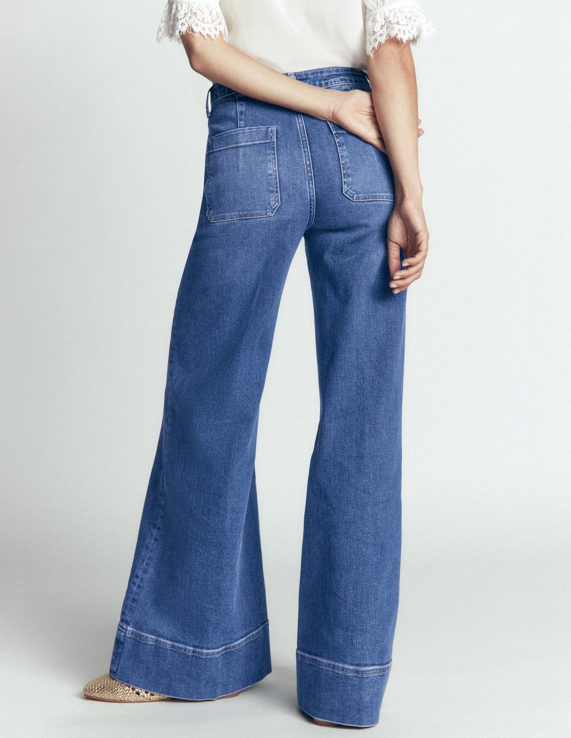Patch Pocket Flare Jeans-Midwash-3