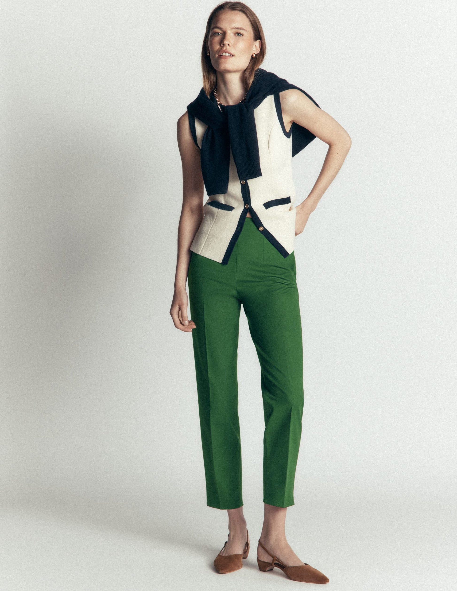Slim Leg Cotton Trousers-Dark Green-1