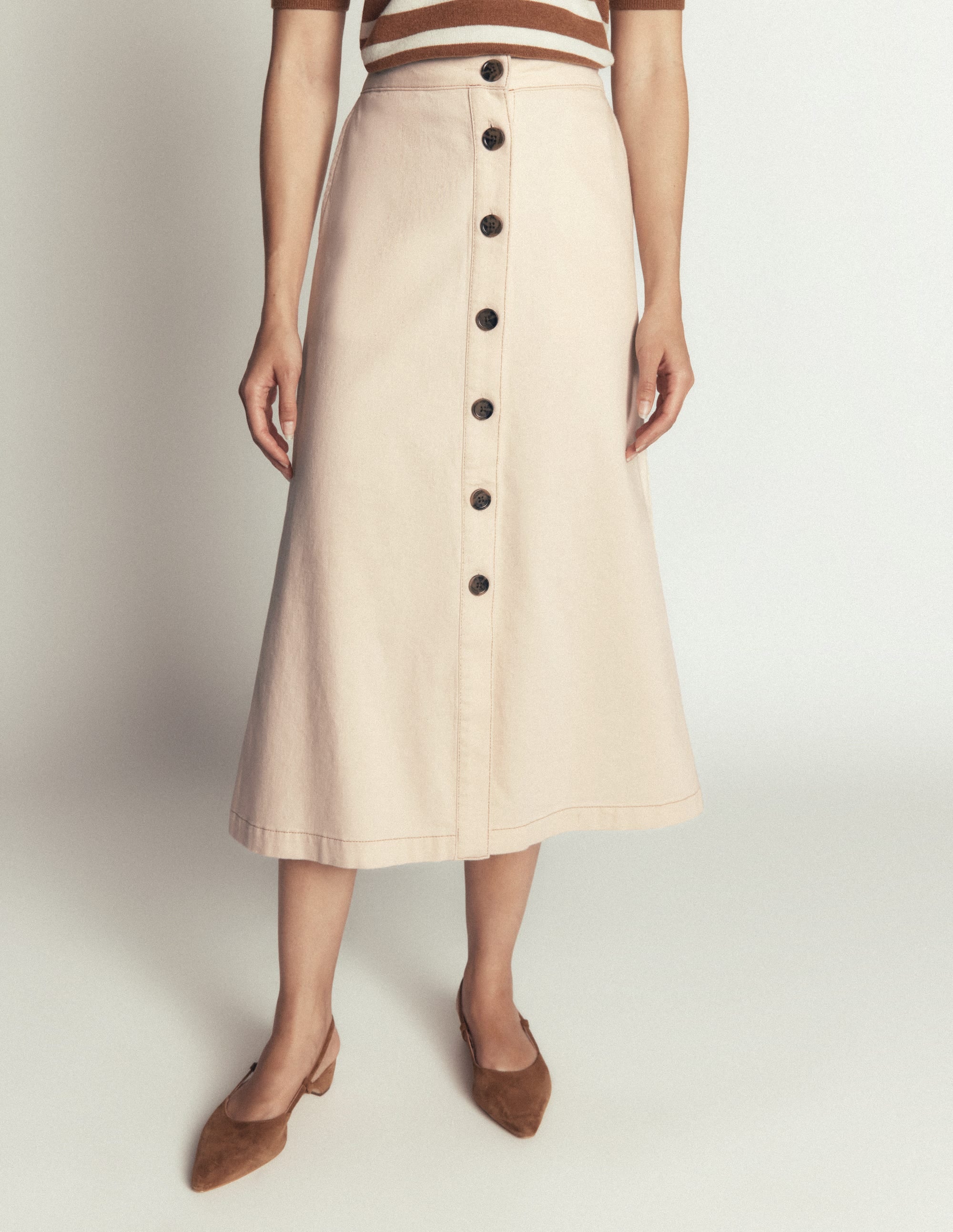 Val Button Denim Midi Skirt-Ecru - Image 4